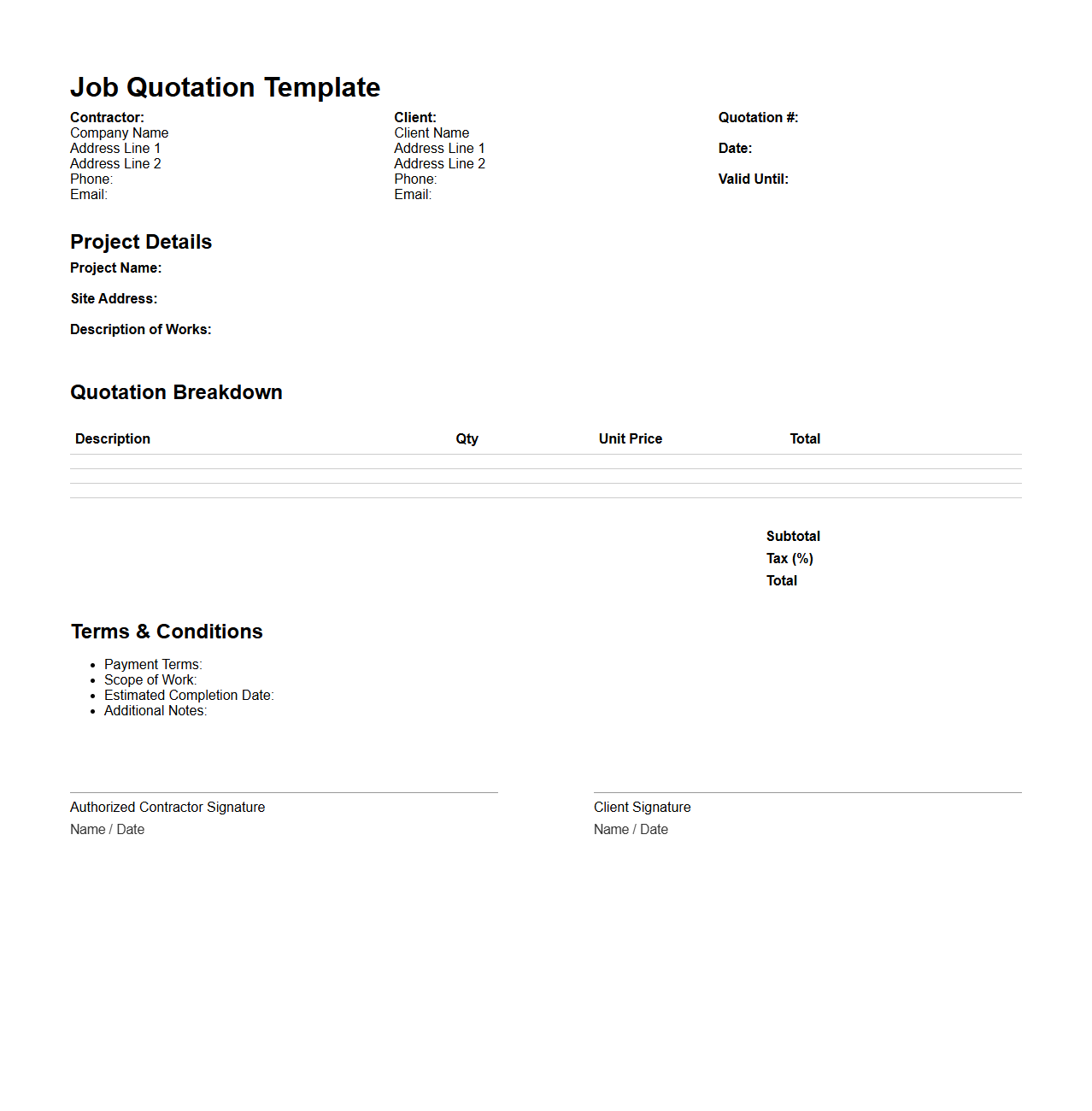 Job Quotation Template for Construction Contractors