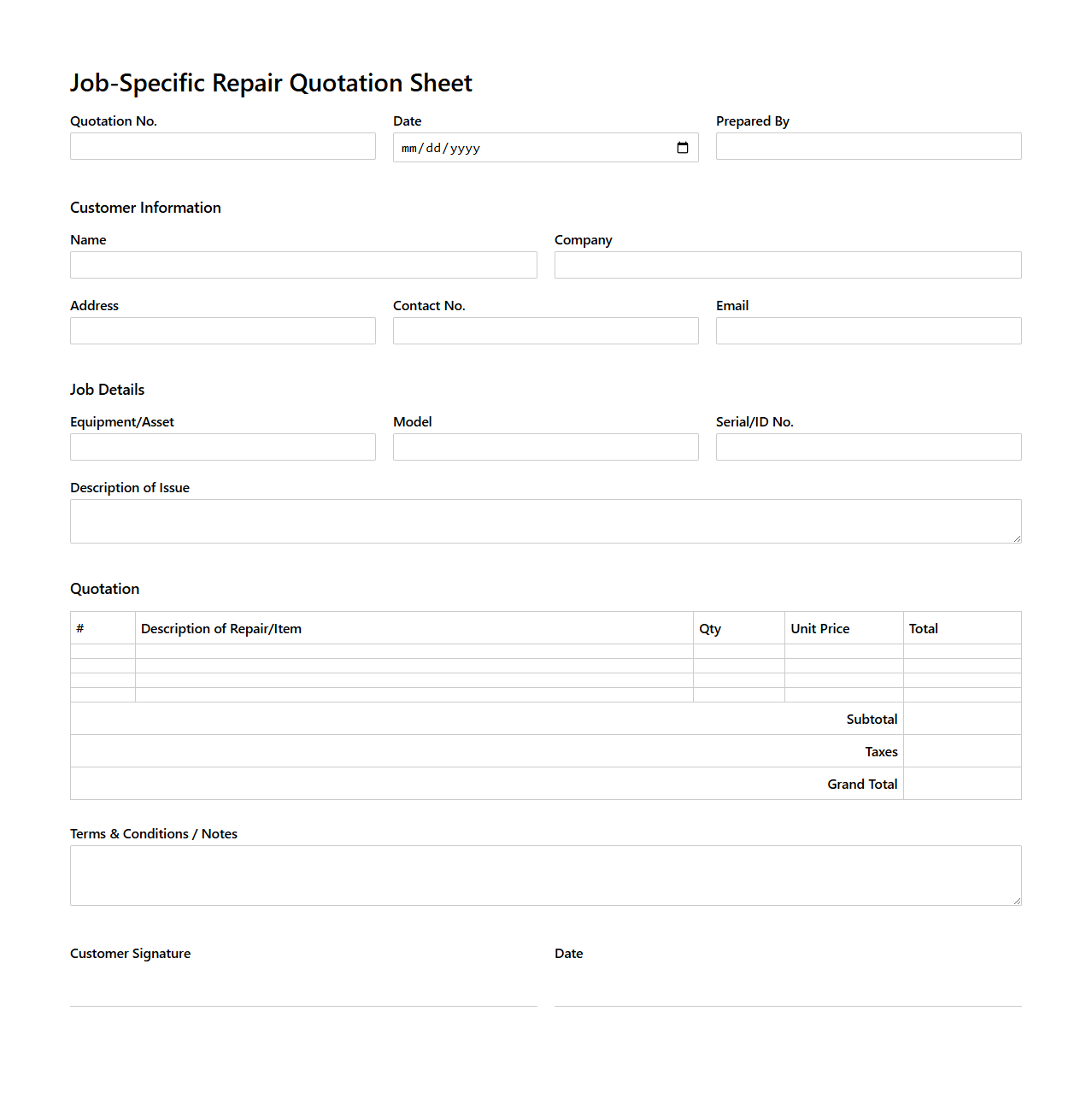 Job-Specific Repair Quotation Sheet