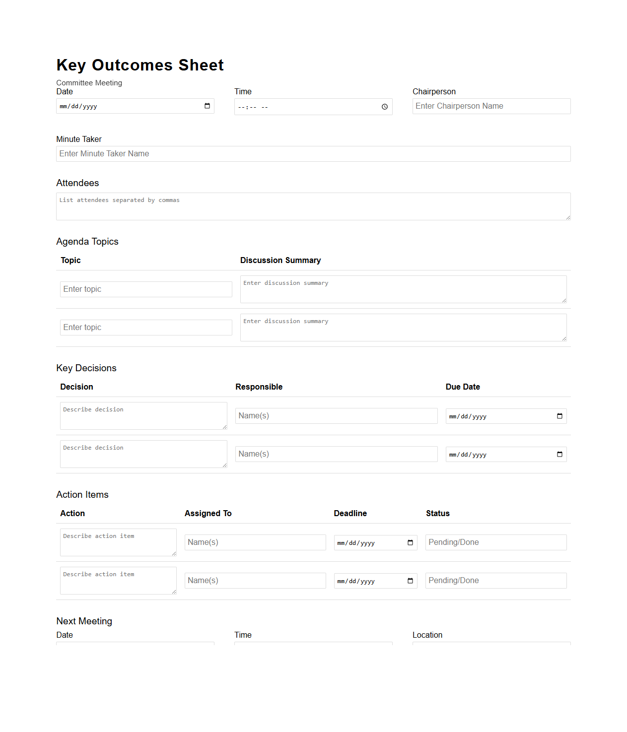 Key Outcomes Sheet for Committee Meetings