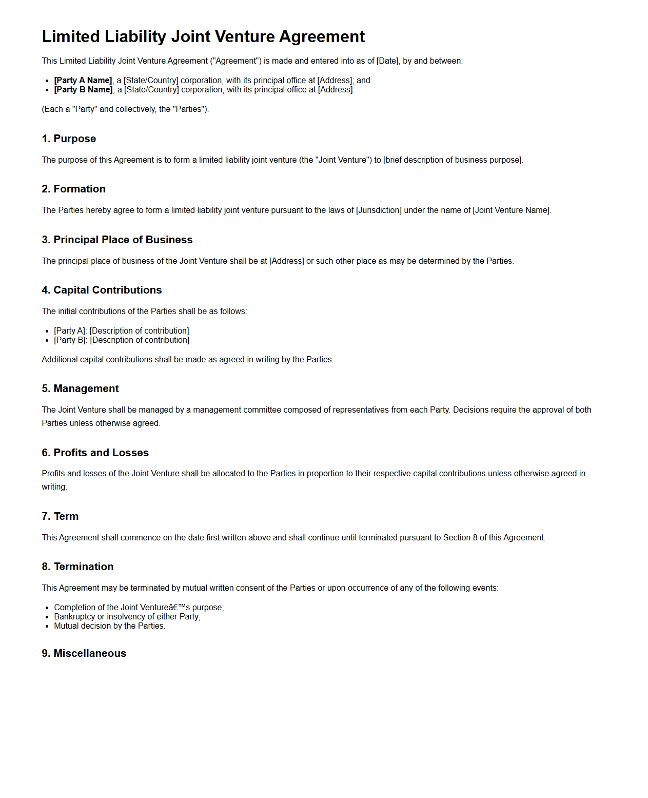 Limited Liability Joint Venture Agreement Template
