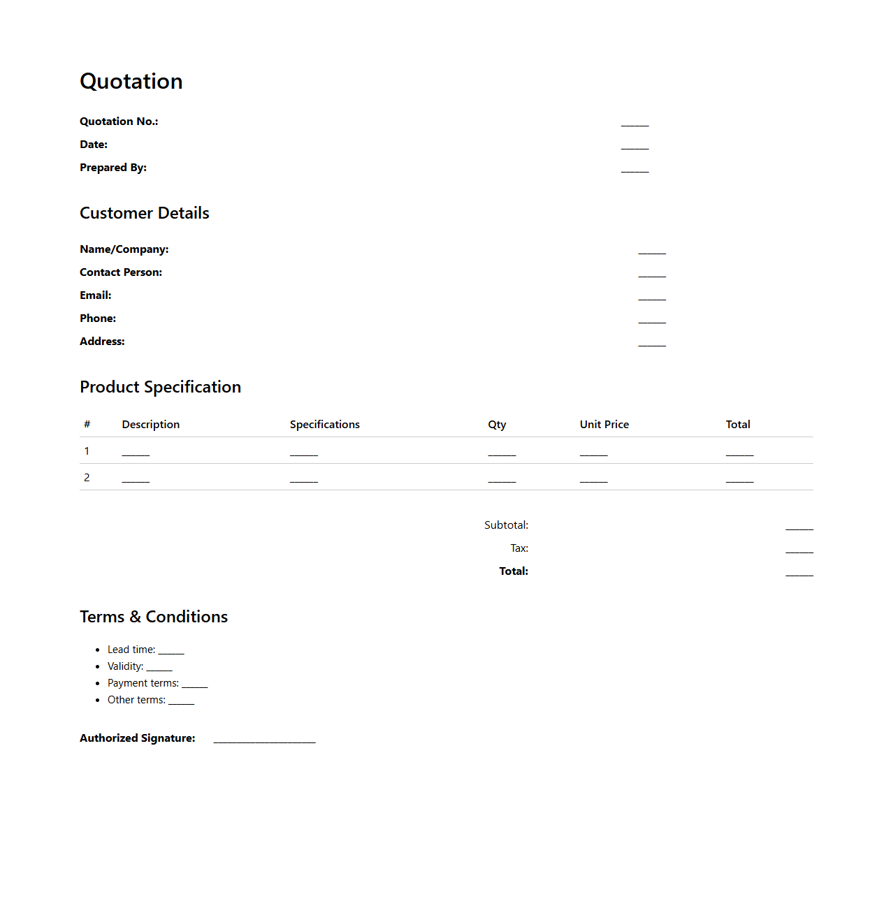 Made-to-Order Product Quotation Layout