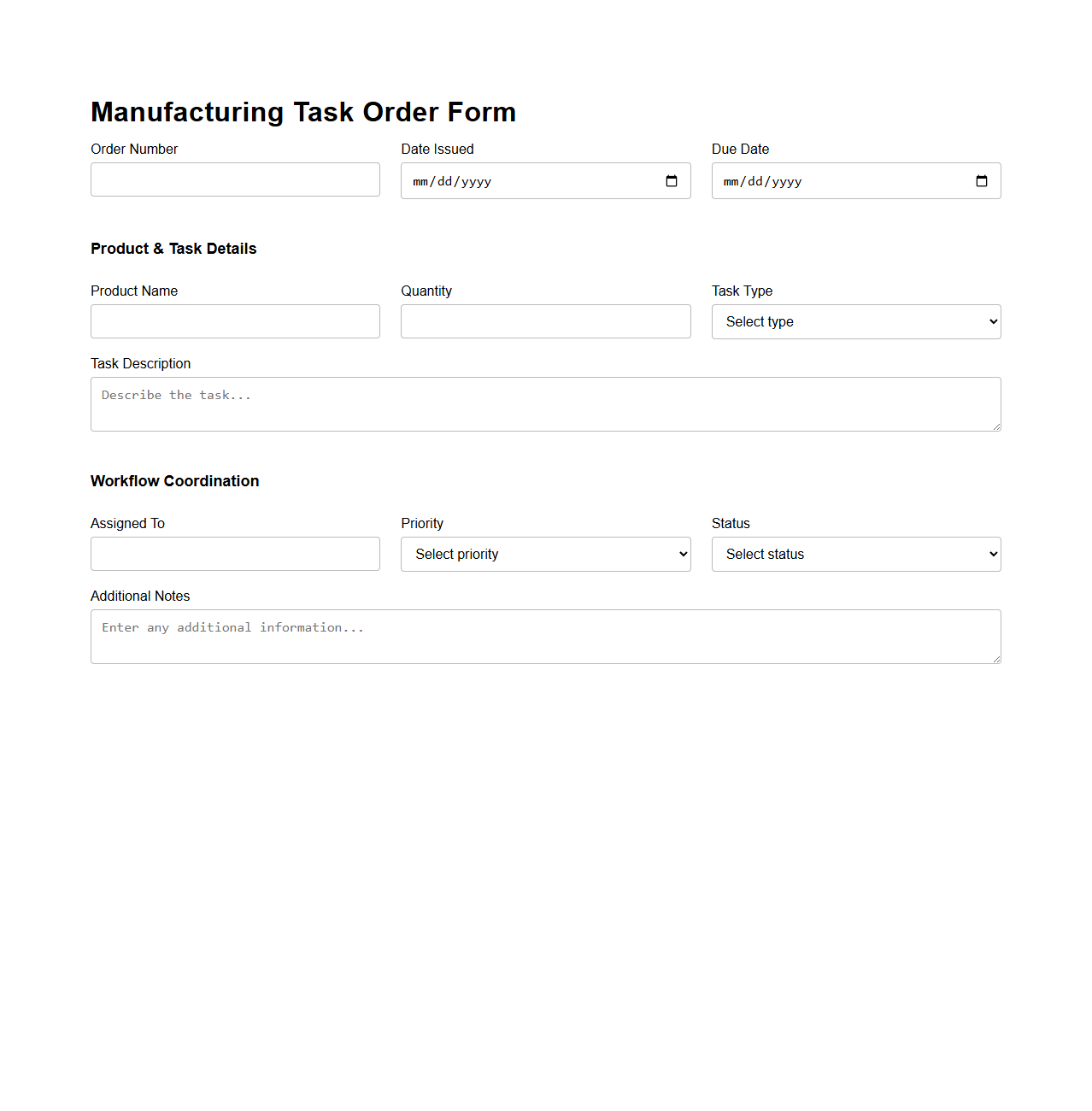 Manufacturing Task Order Form for Workflow Coordination