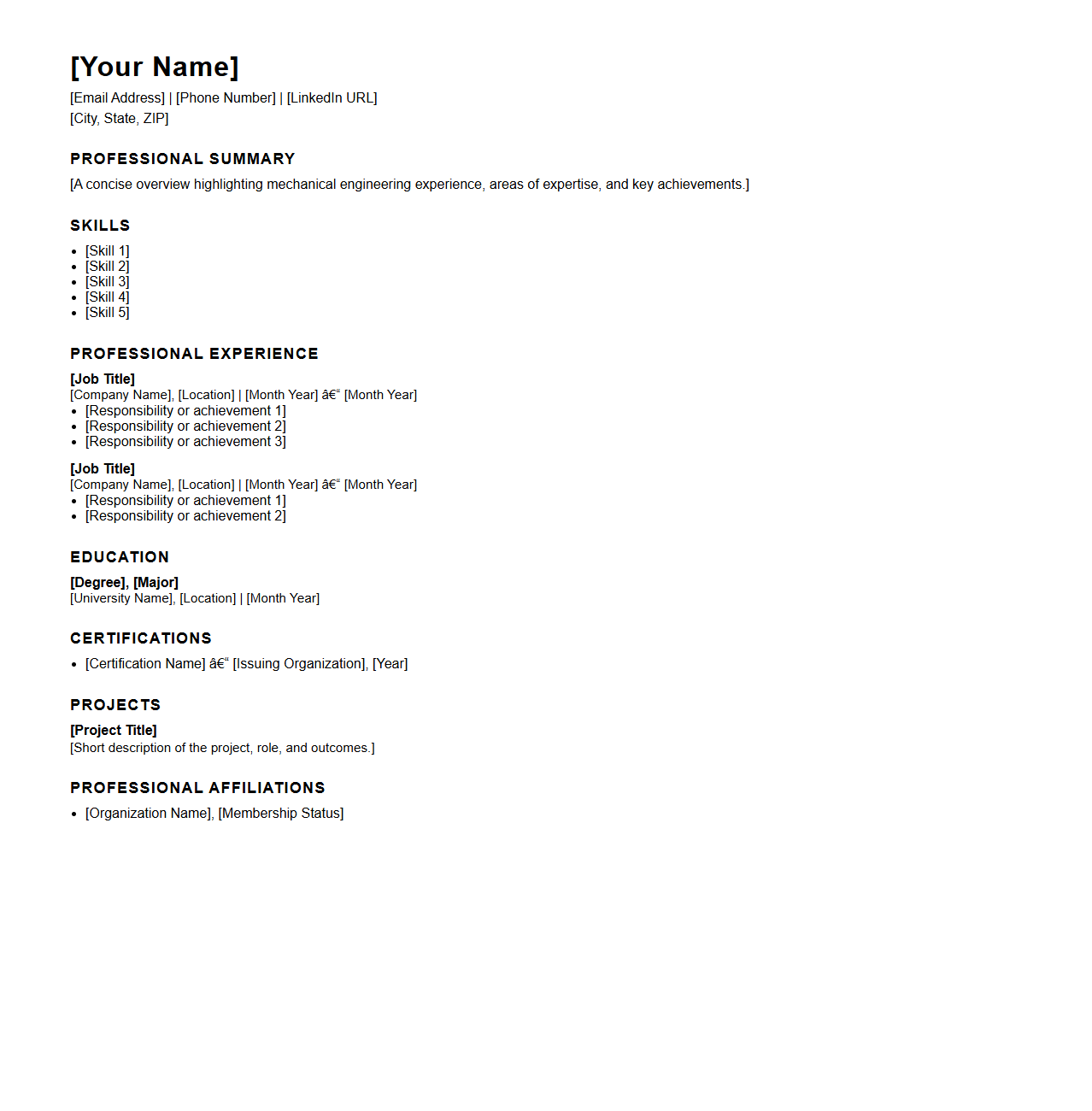 Mechanical Engineer Resume Structure
