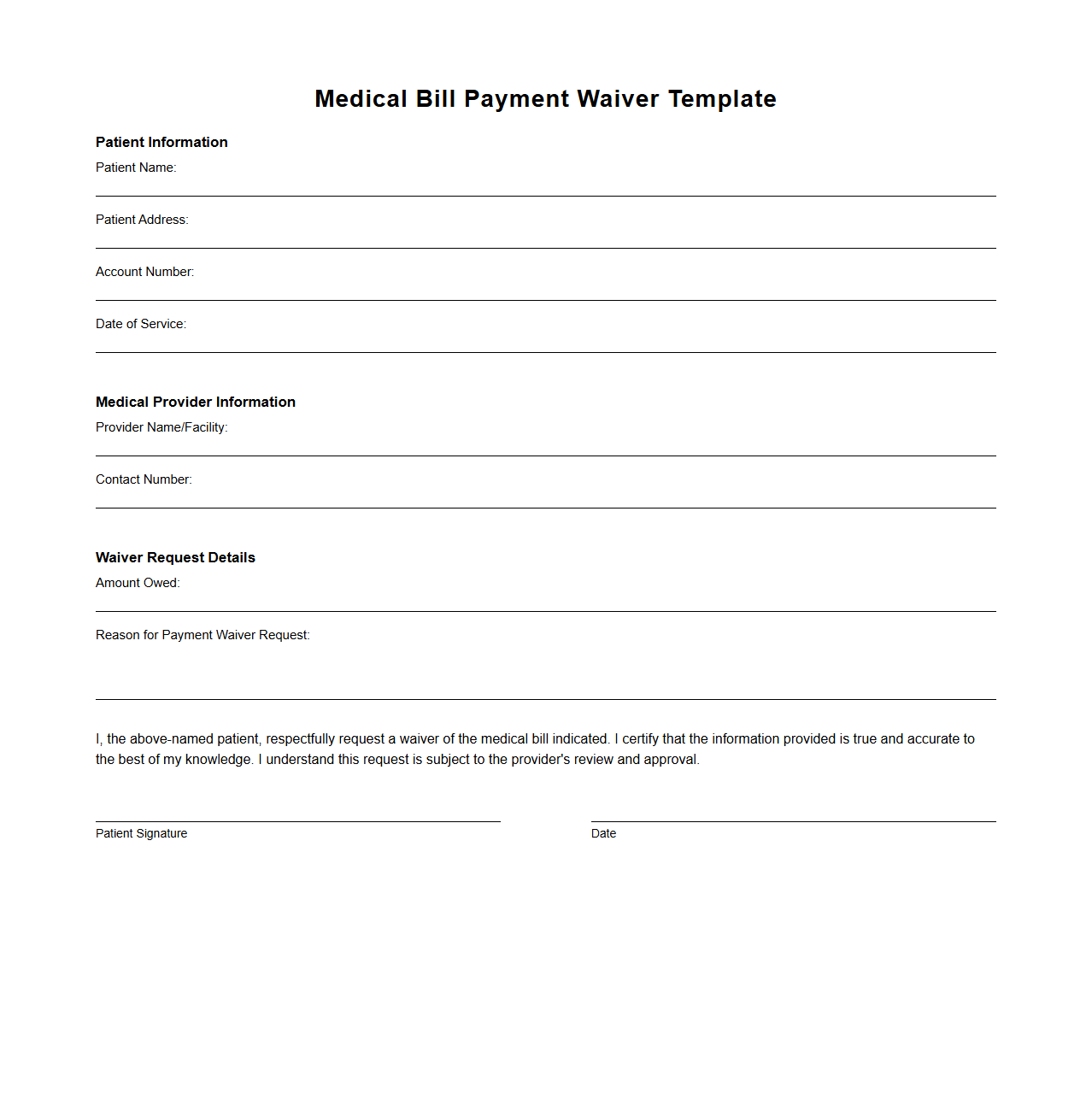 Medical Bill Payment Waiver Template