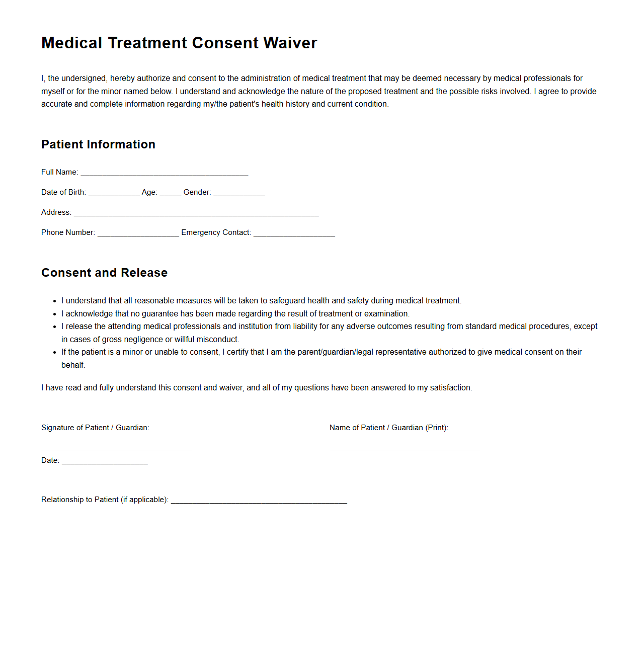 Medical Treatment Consent Waiver