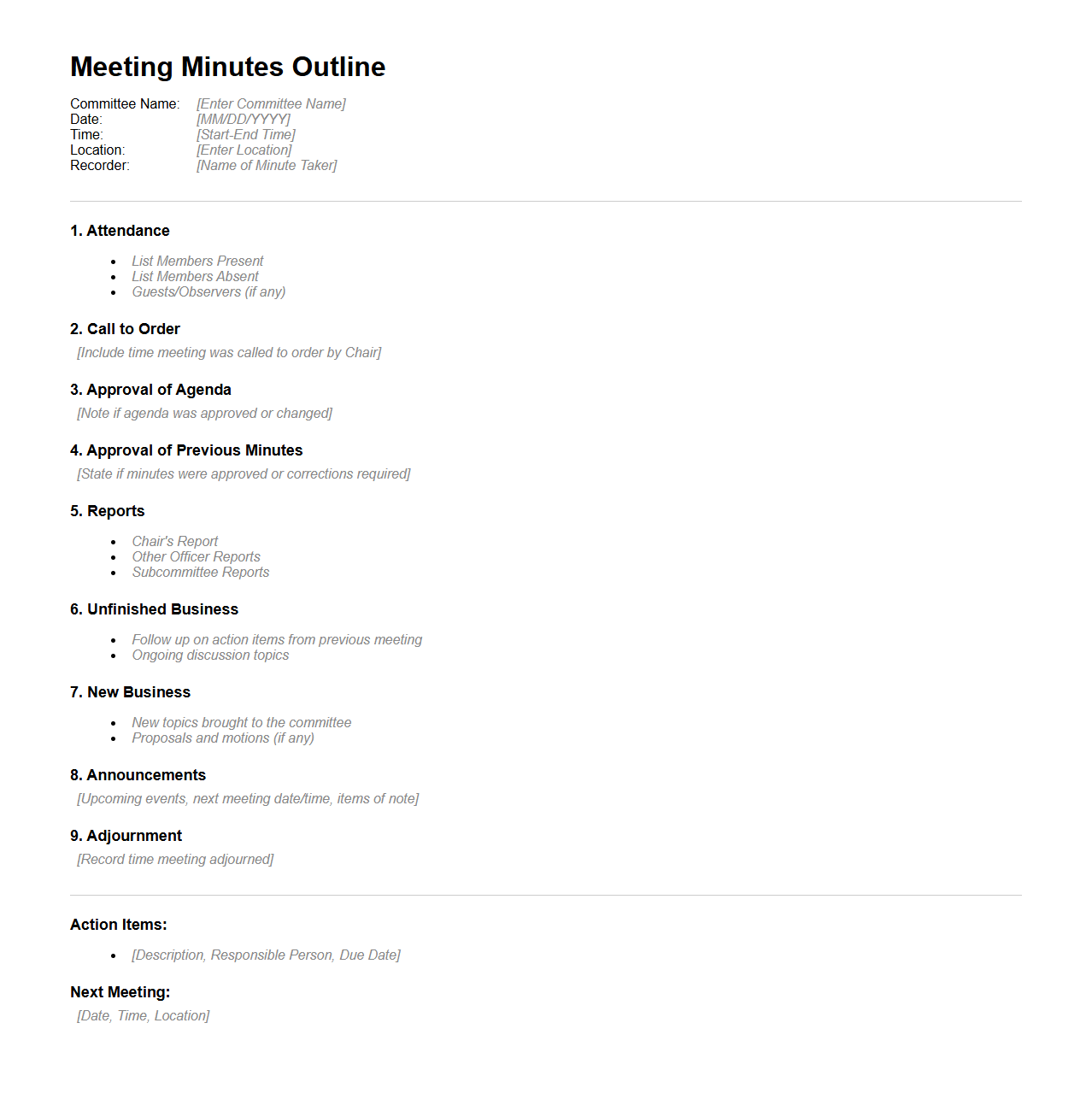 Meeting Minutes Outline for Committees