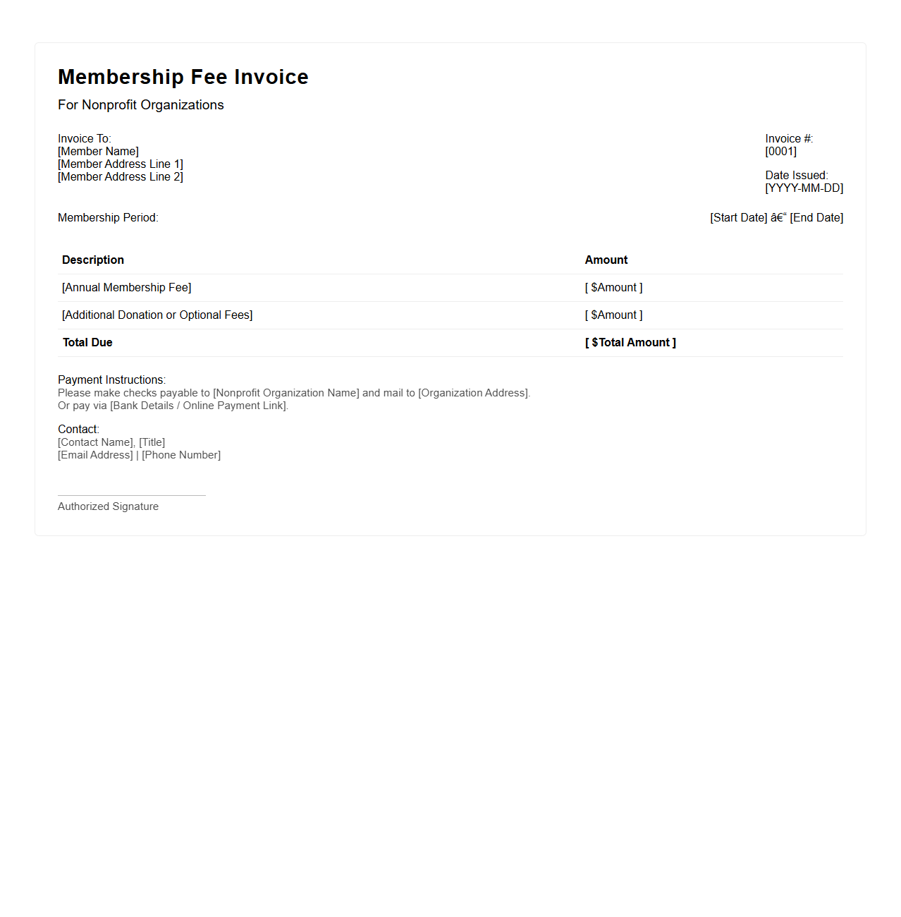 Membership Fee Invoice Template for Nonprofits