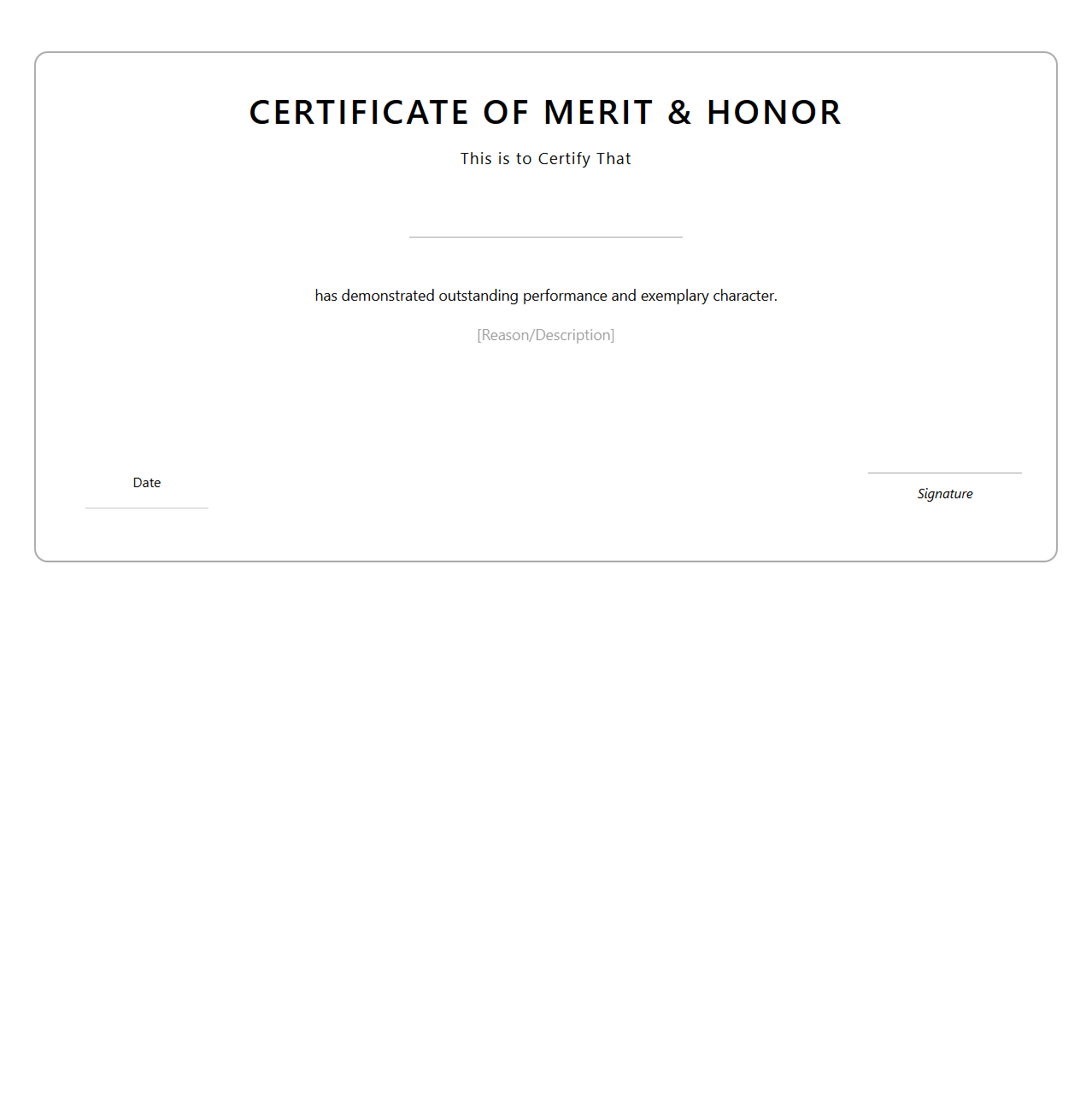 Merit & Honor Certificate Blank Template