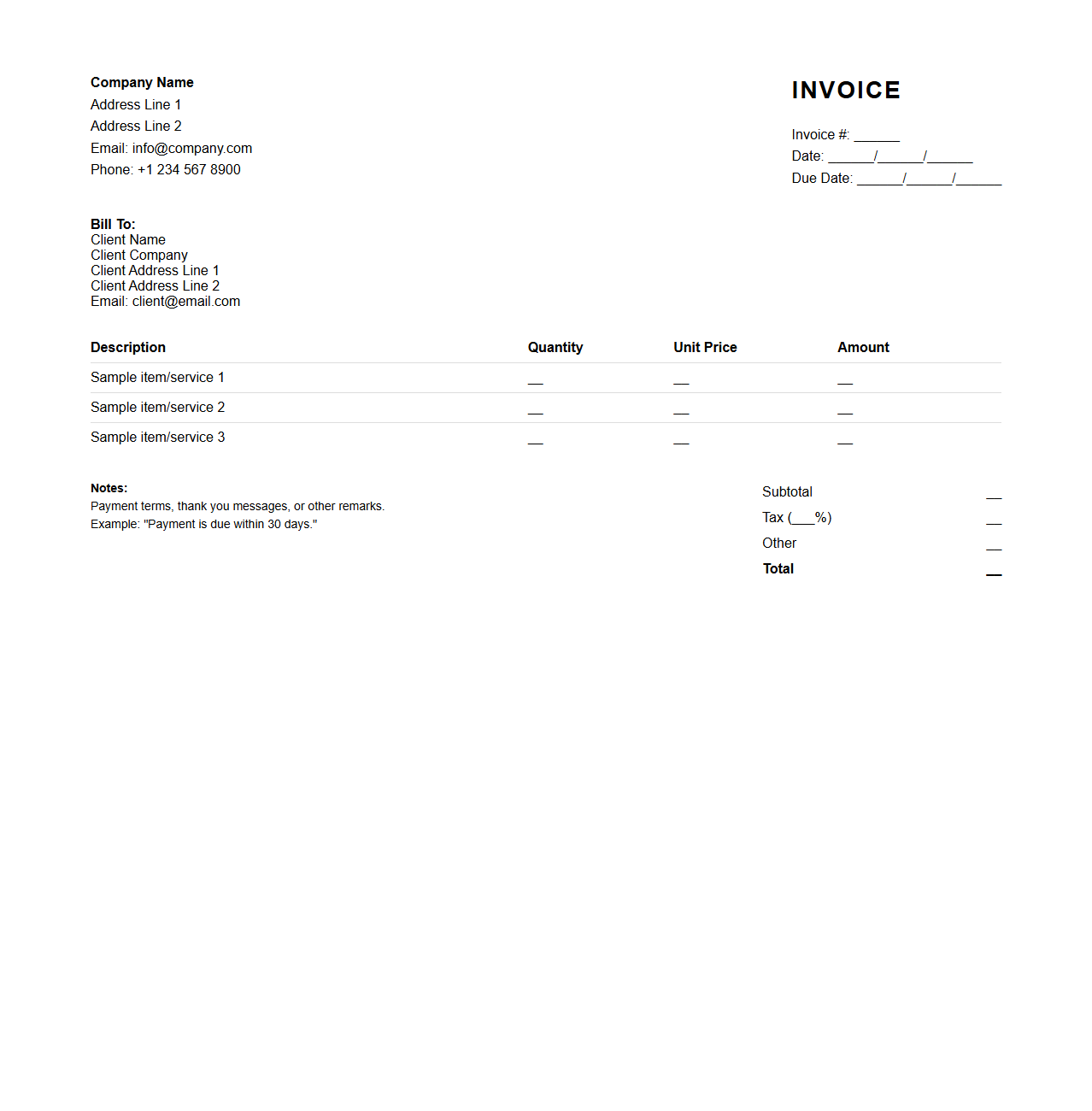 Minimal Invoice Sheet for Small Companies