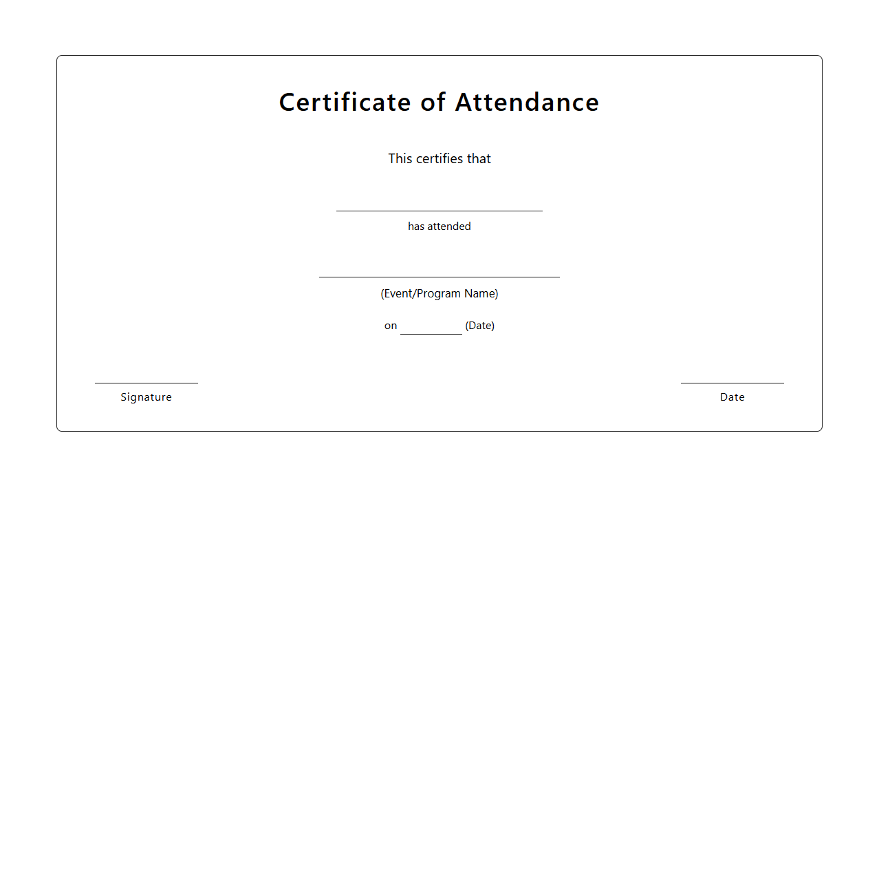 Minimalist Attendance Certificate Blank Template