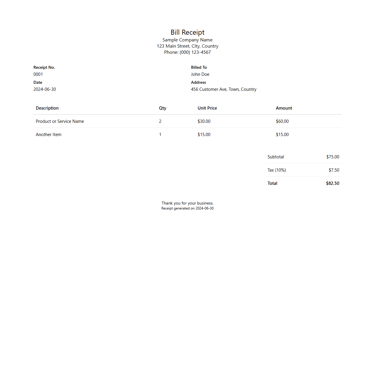 Minimalist Bill Receipt for Sales