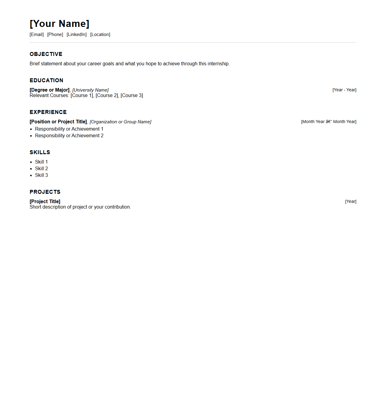 Minimalist Blank Internship Resume Example