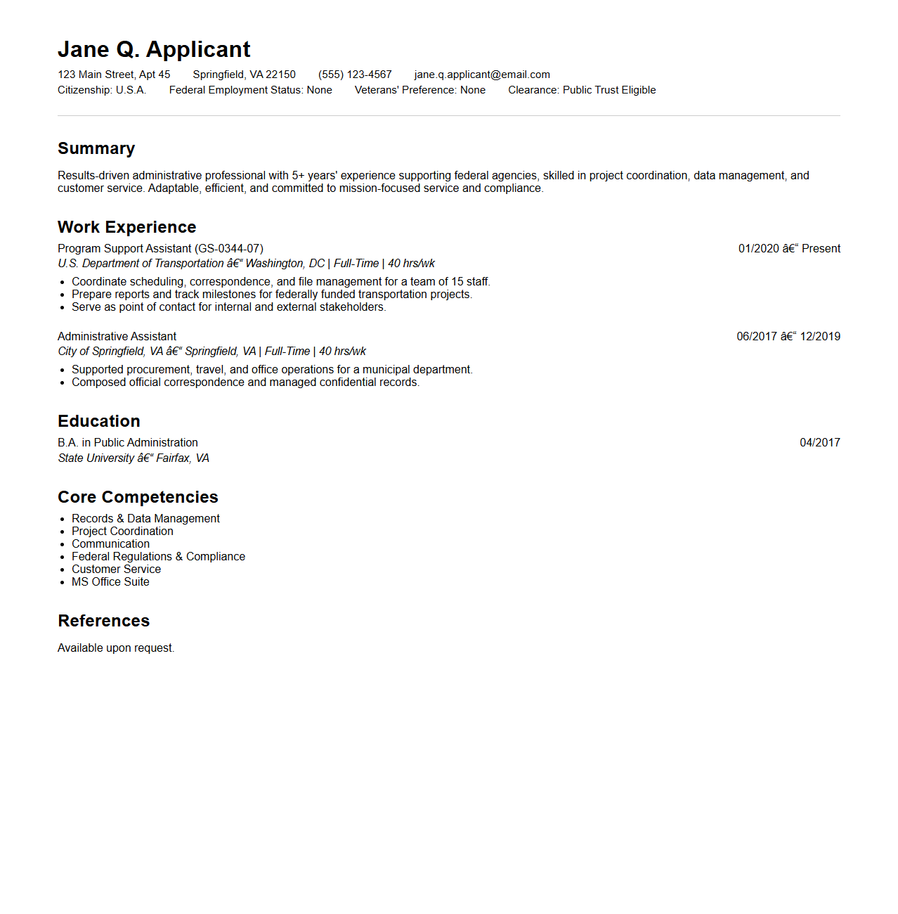 Minimalist Federal Resume Layout for Government Hiring