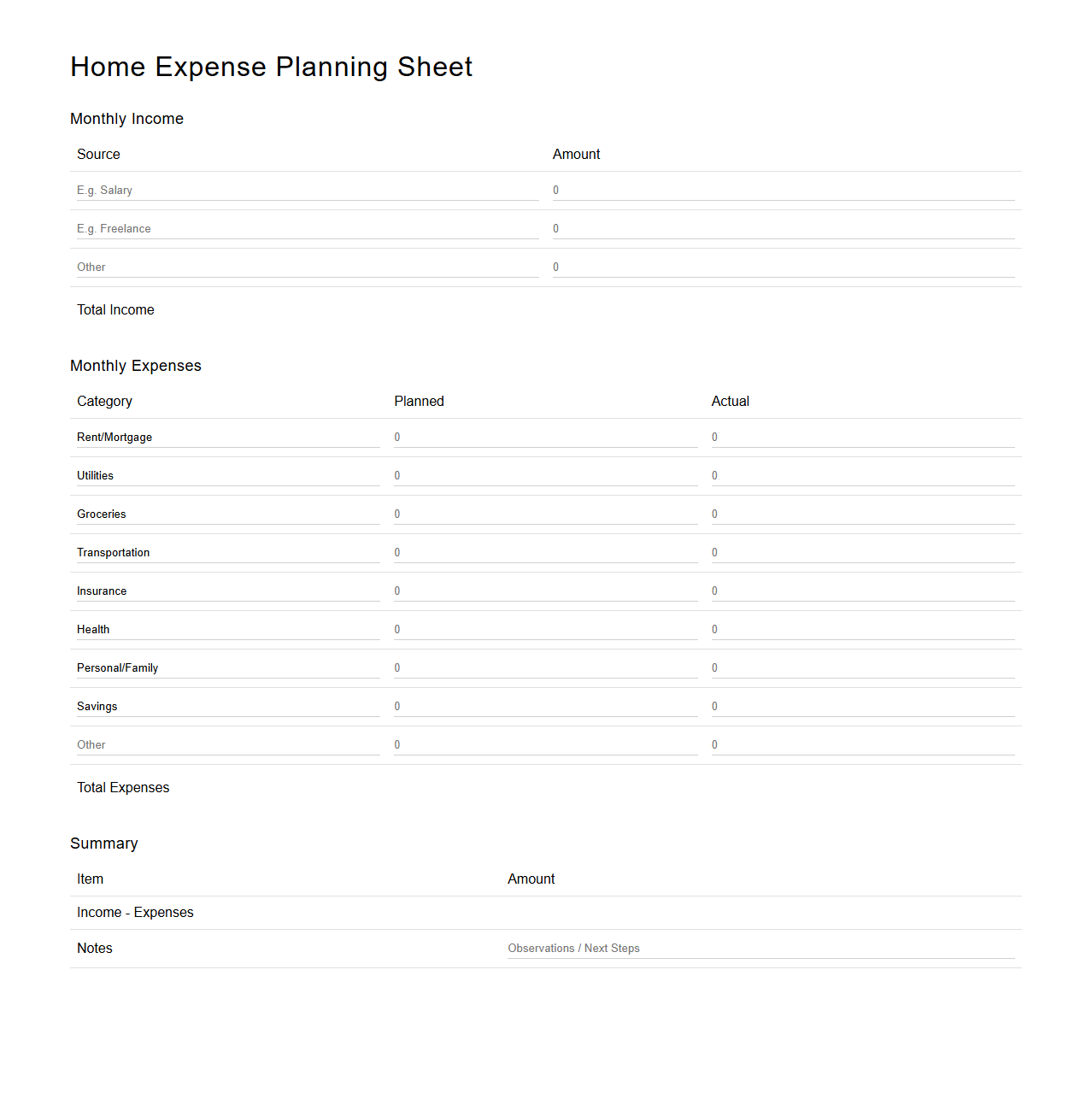 Minimalist Home Expense Planning Sheet