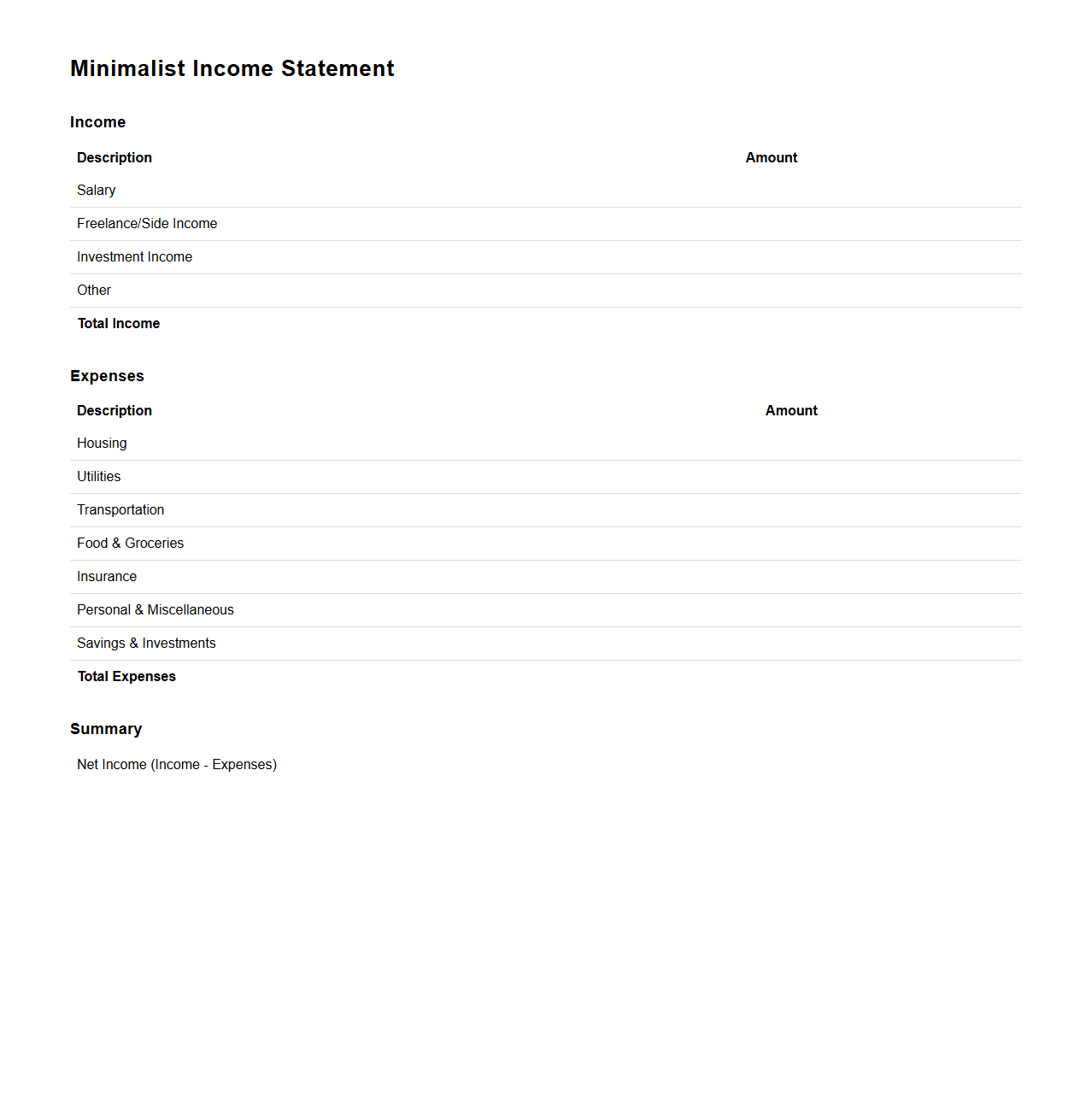 Minimalist Income Statement for Individuals