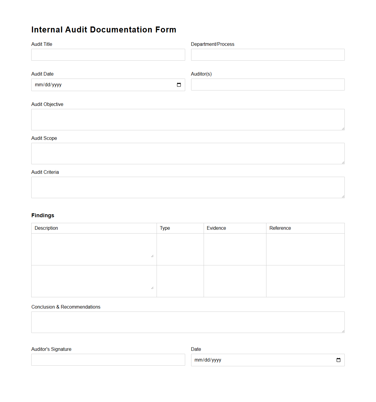 Minimalist Internal Audit Documentation Form