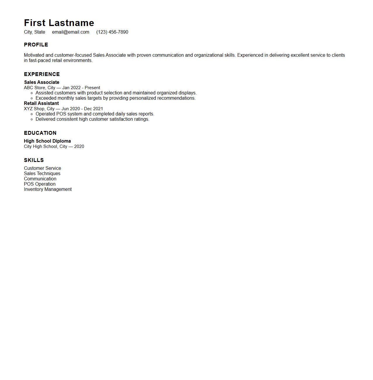 Minimalist Sales Associate CV Template