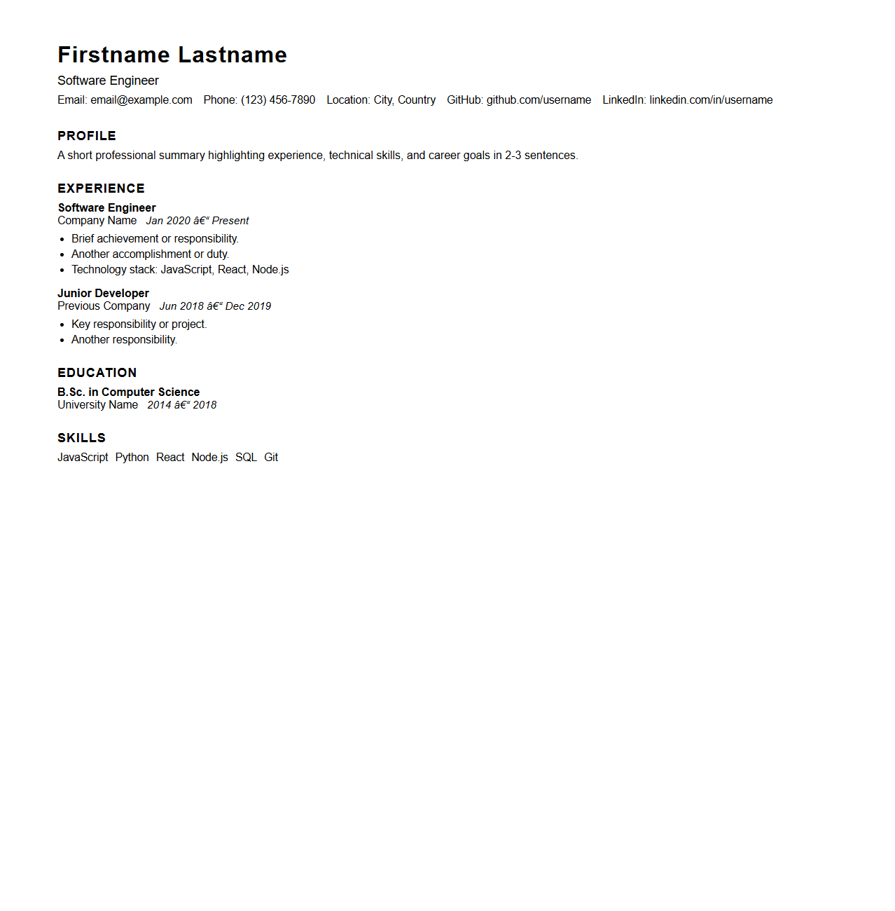 Minimalist Software Engineer CV Format