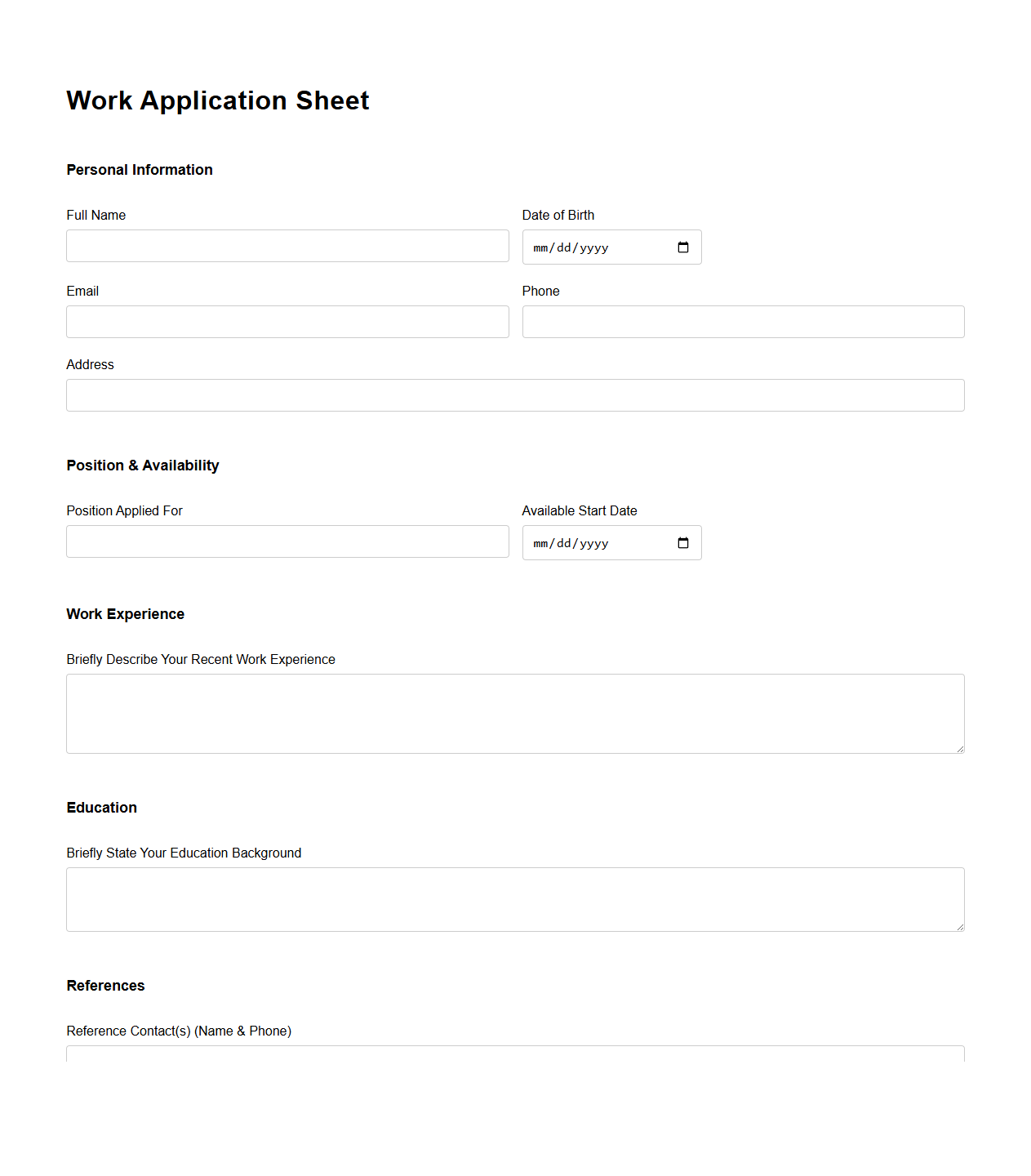 Minimalist Work Application Sheet