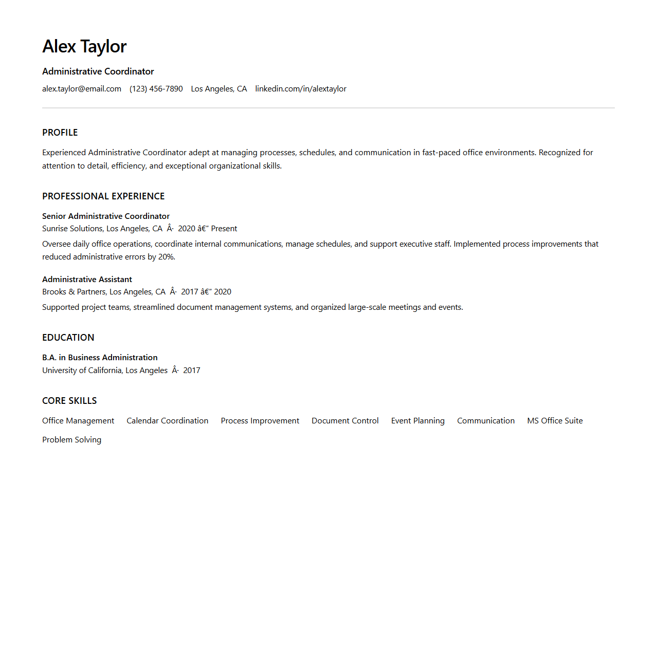 Modern Administrative Coordinator Resume Layout