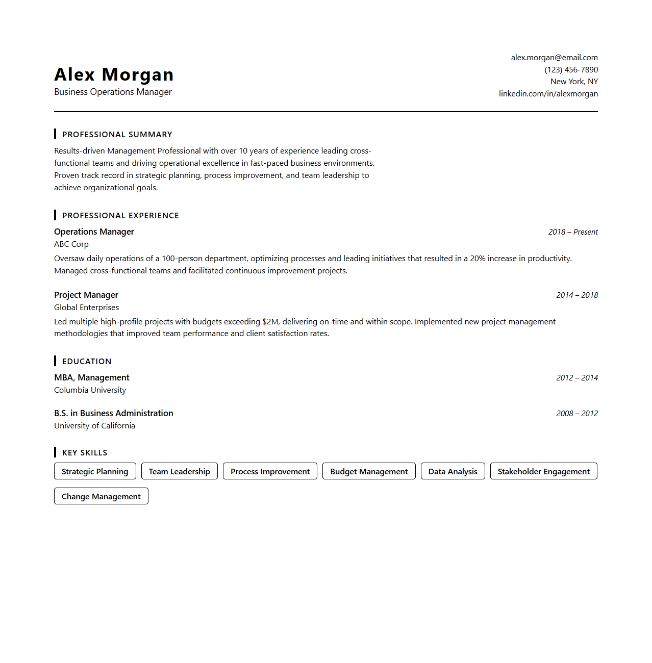 Modern Business Resume Template for Management Careers