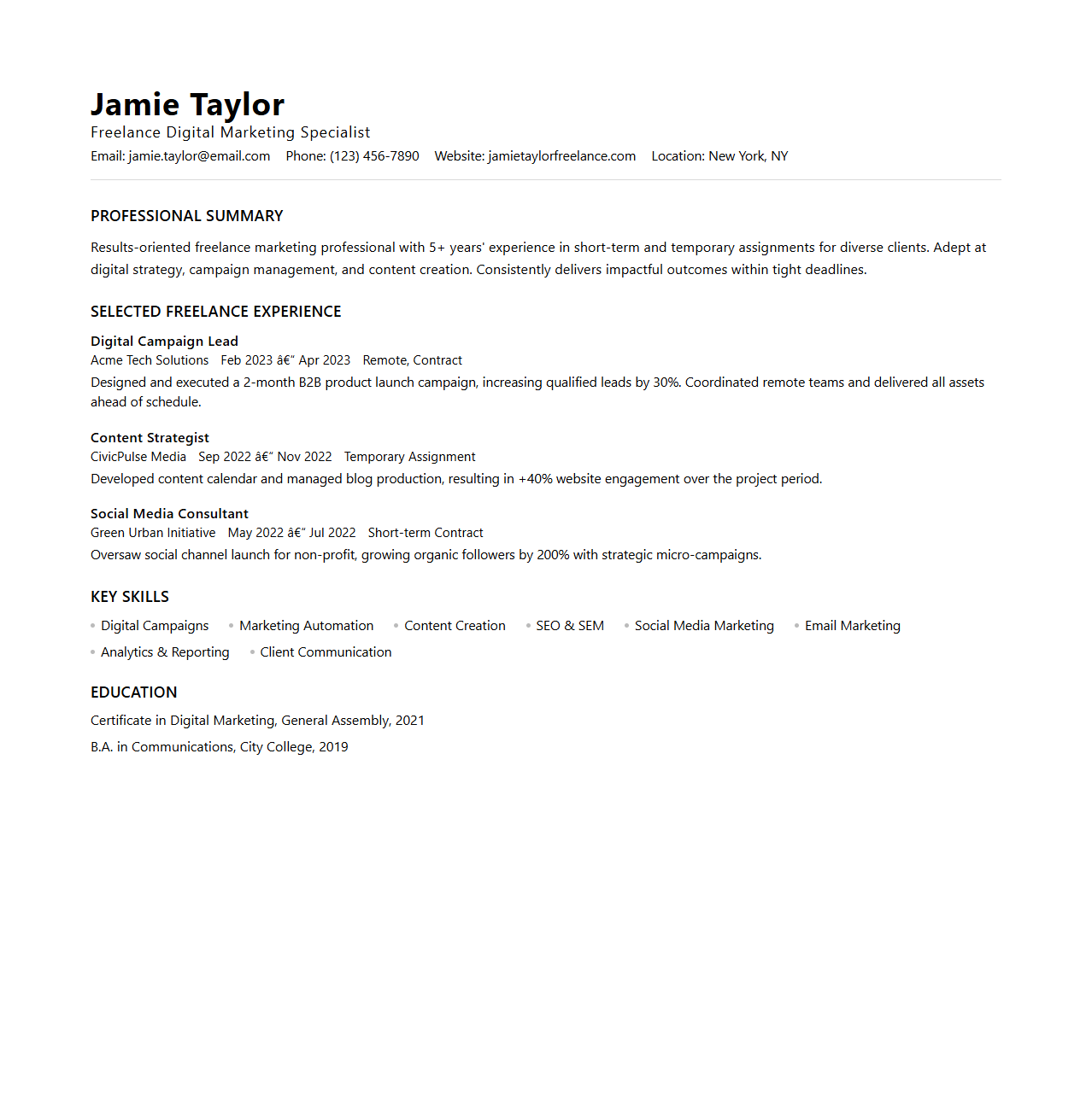 Modern Freelance Work Resume Template for Temporary Assignments