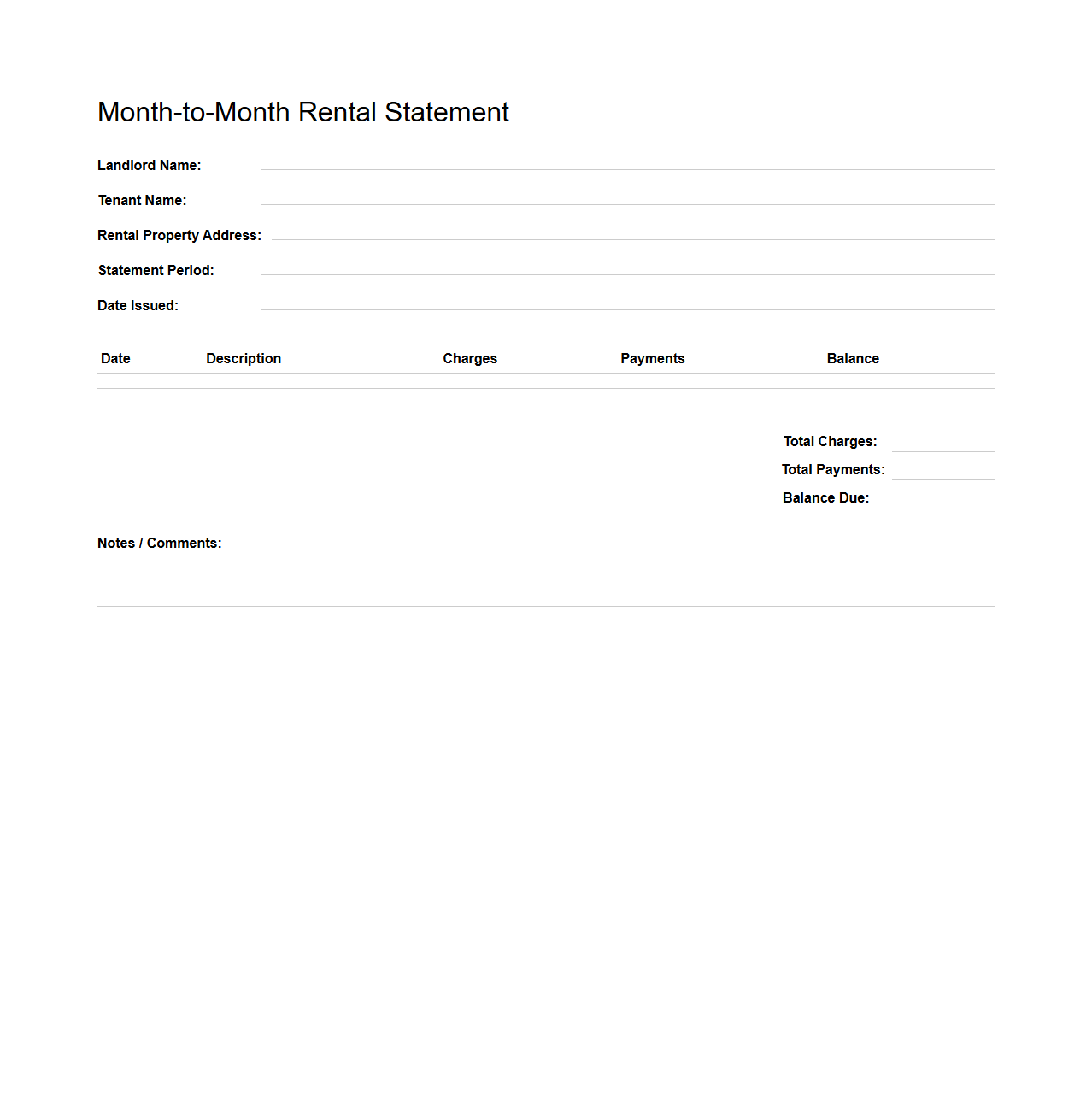 Month-to-Month Rental Statement Template