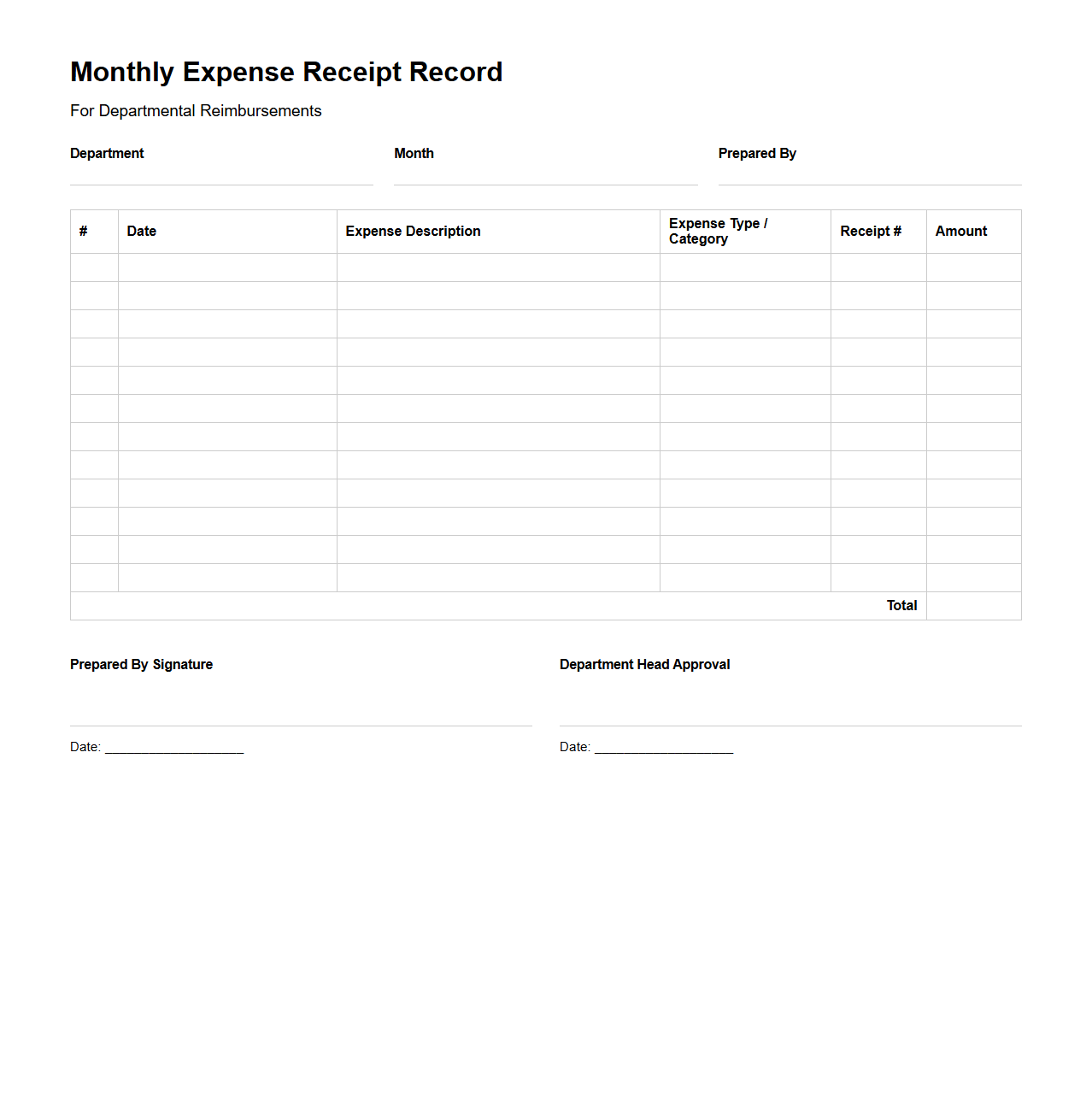 Monthly Blank Expense Receipt Record for Departmental Reimbursements