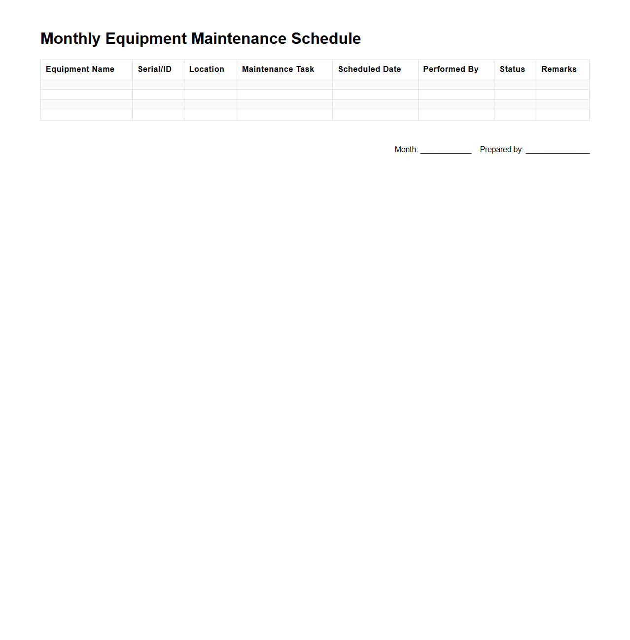 Monthly Equipment Maintenance Schedule Template