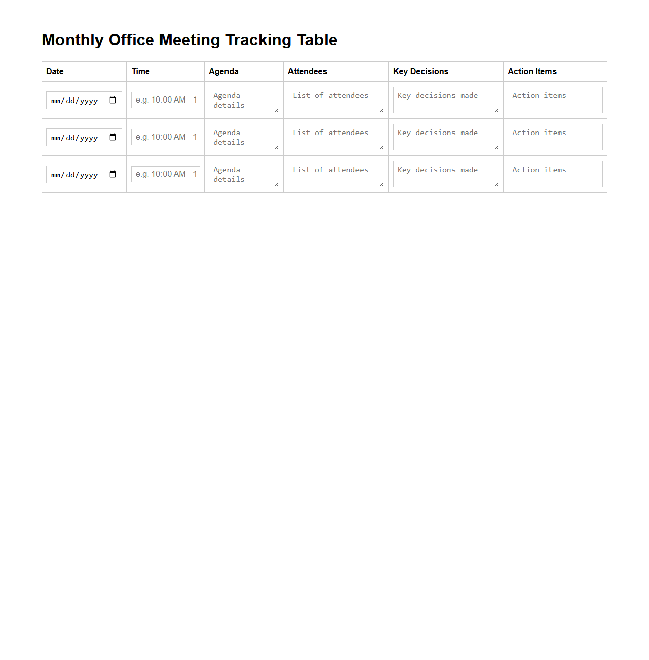 Monthly Office Meeting Tracking Table