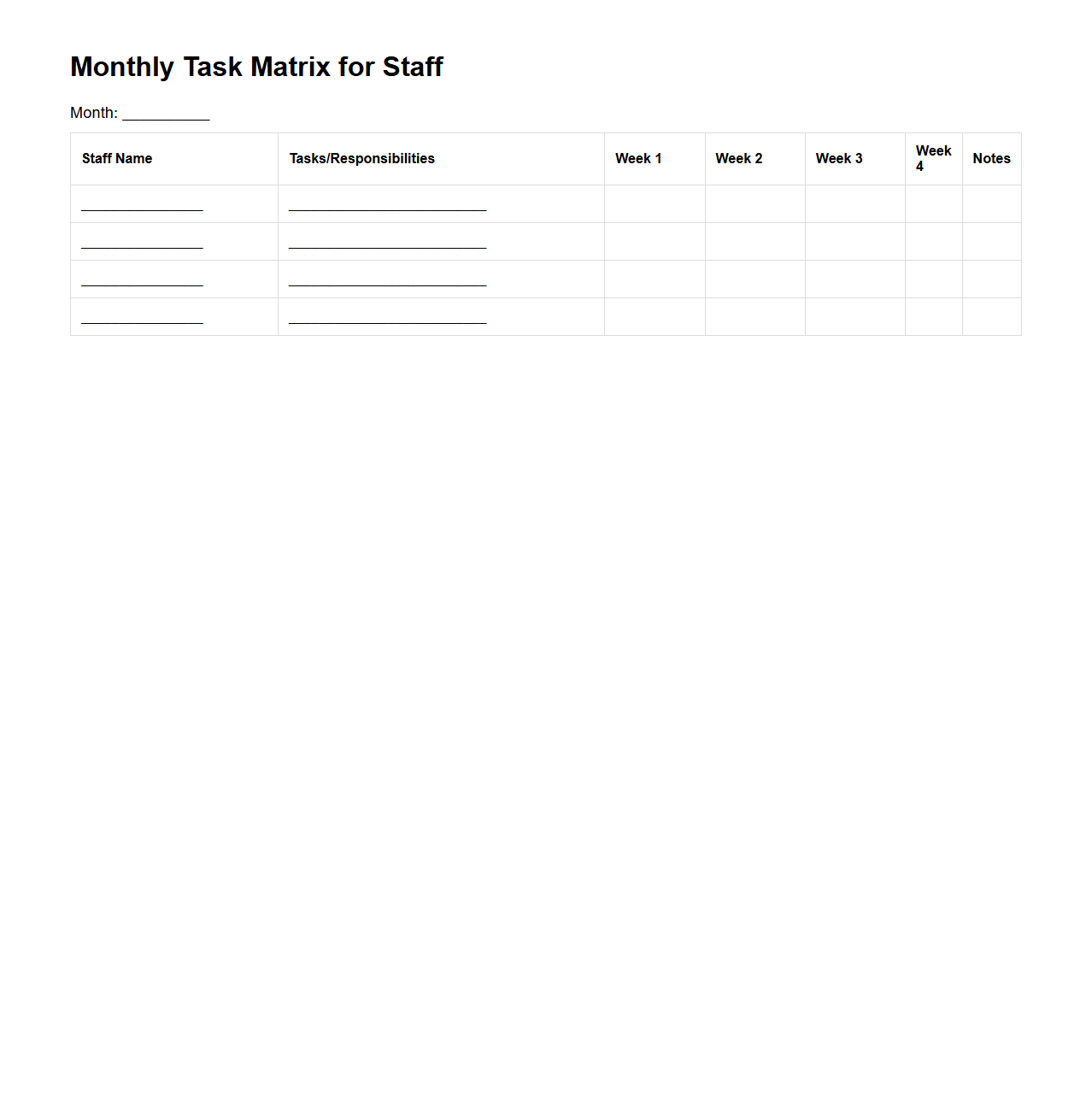 Monthly Task Matrix for Staff