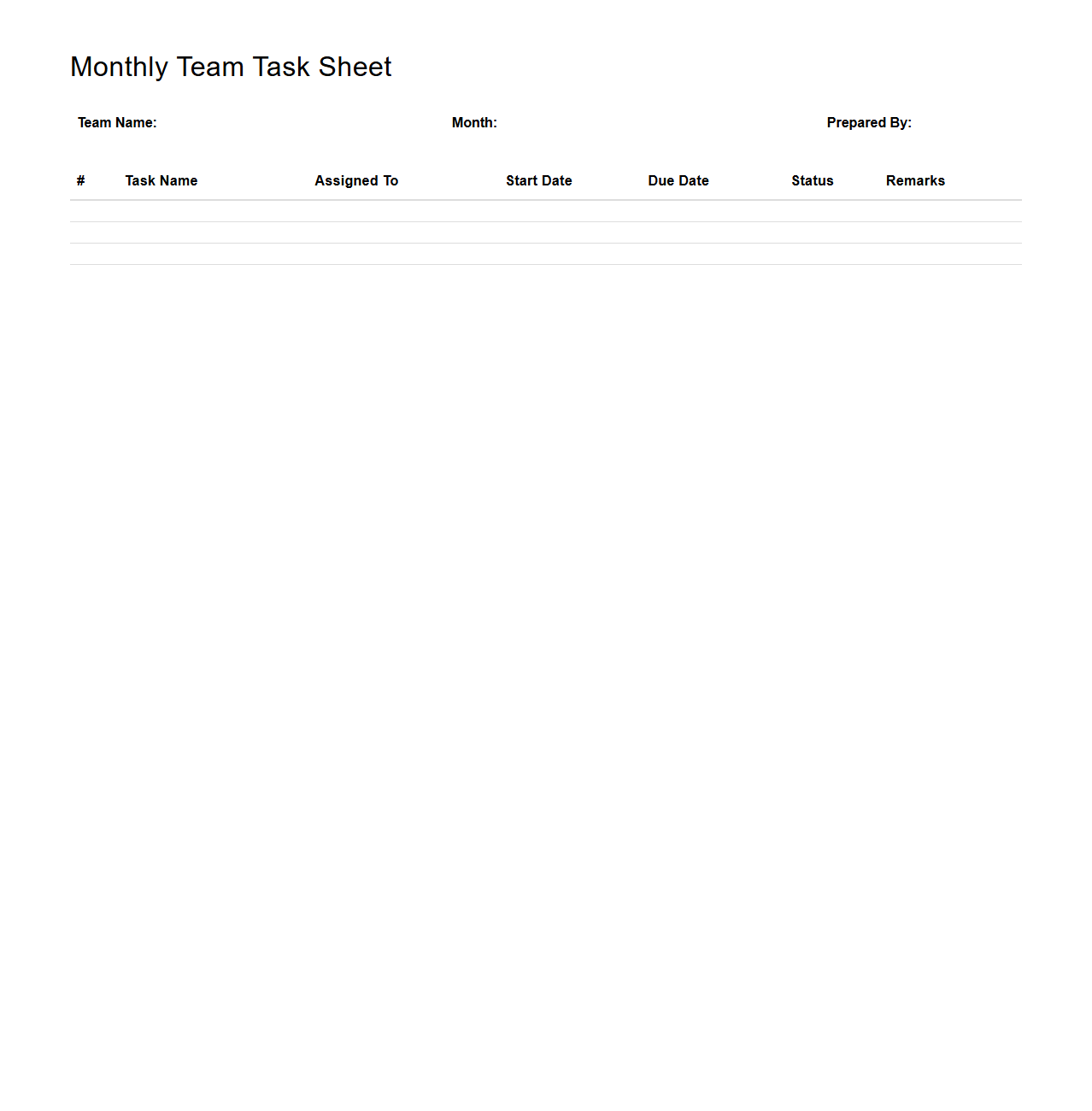 Monthly Team Task Sheet