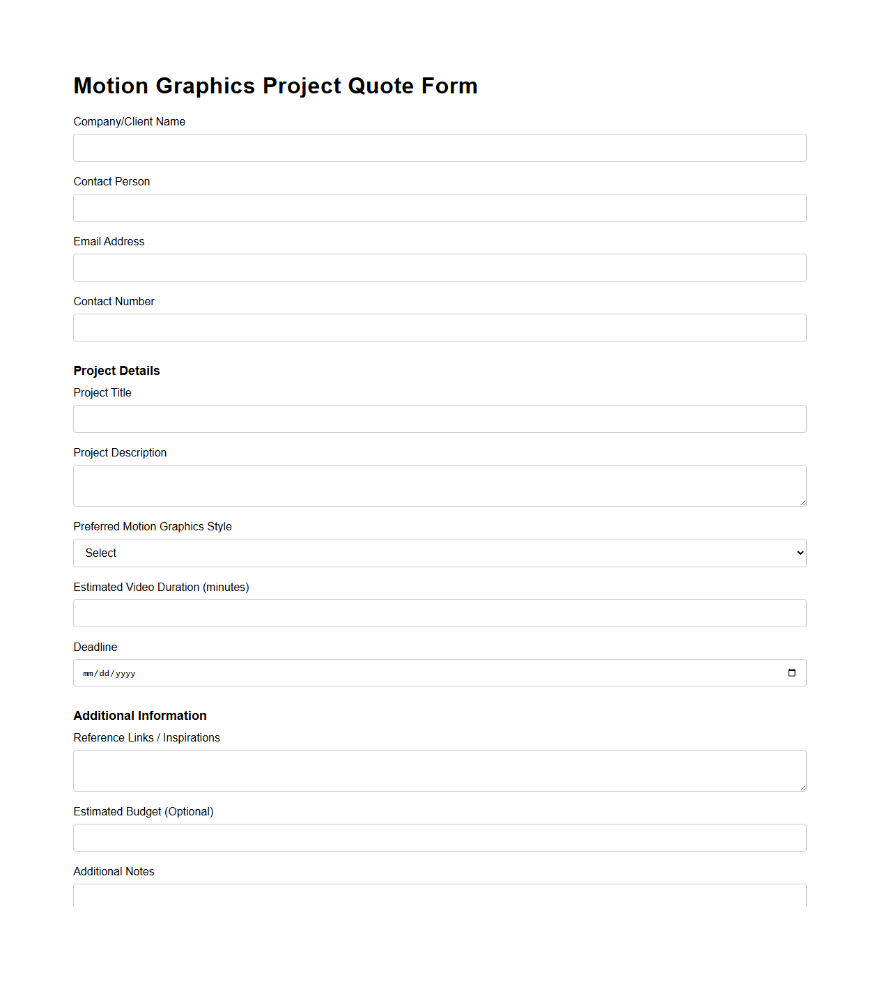 Motion Graphics Project Quote Form