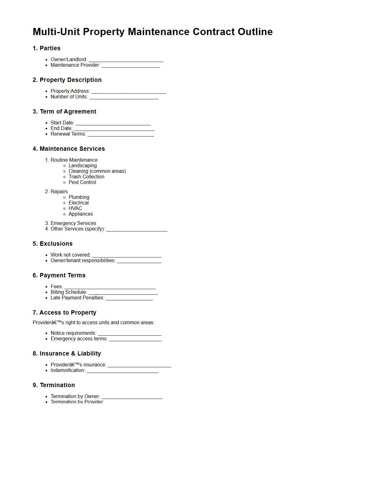 Multi-Unit Property Maintenance Contract Outline