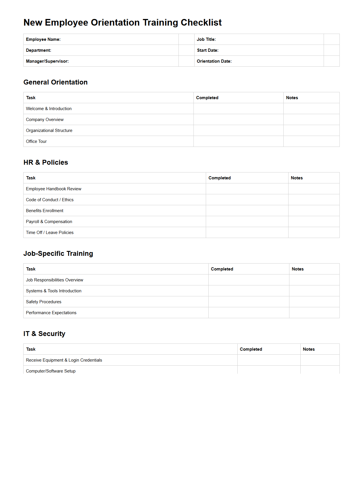 New Employee Orientation Training Checklist Template