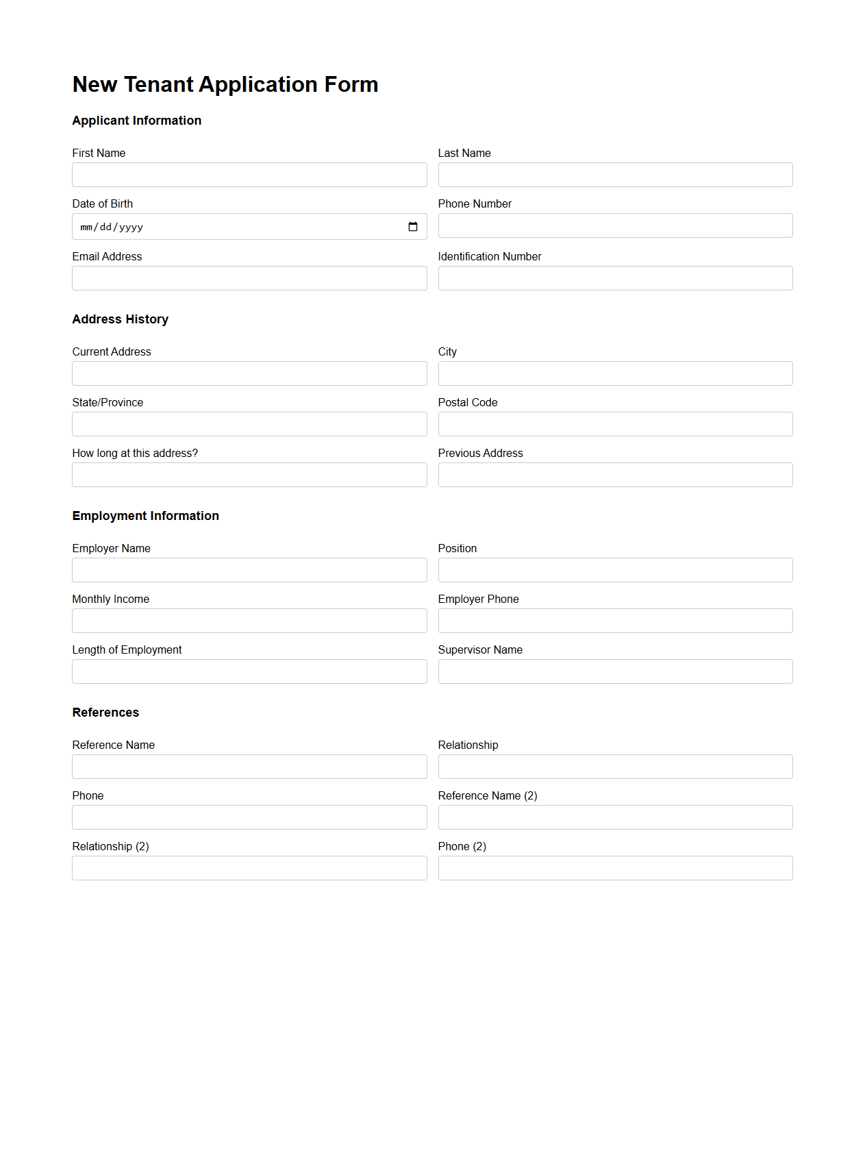 New Tenant Application Form Structure