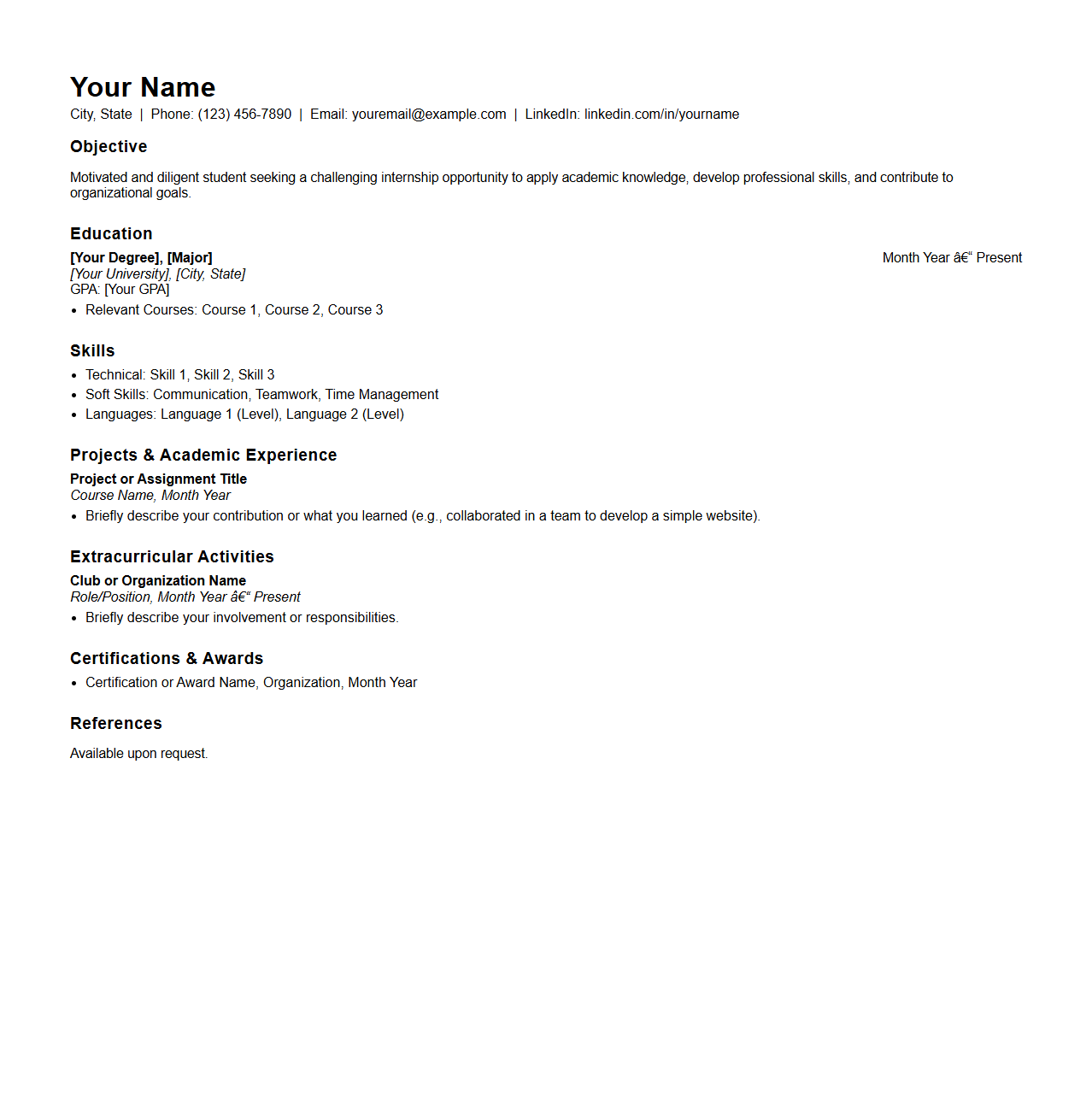 No-Experience Student Resume Template for Internship Applications