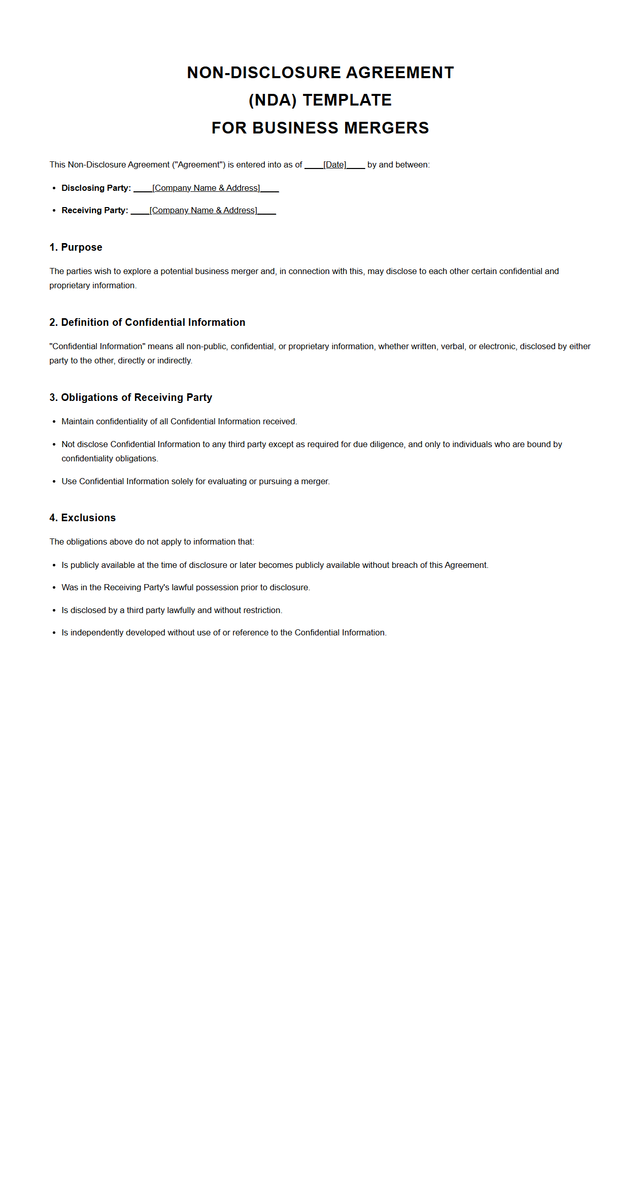Non-Disclosure Agreement Template for Business Mergers