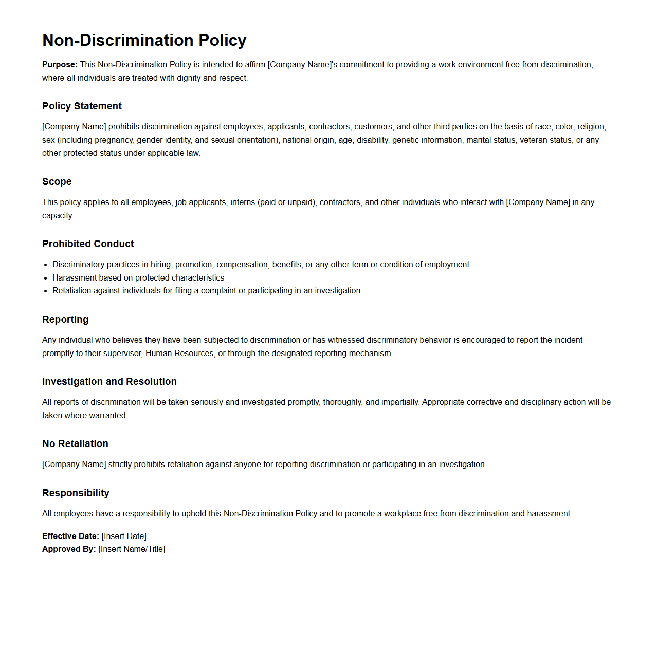 Non-Discrimination Policy Template for HR Departments