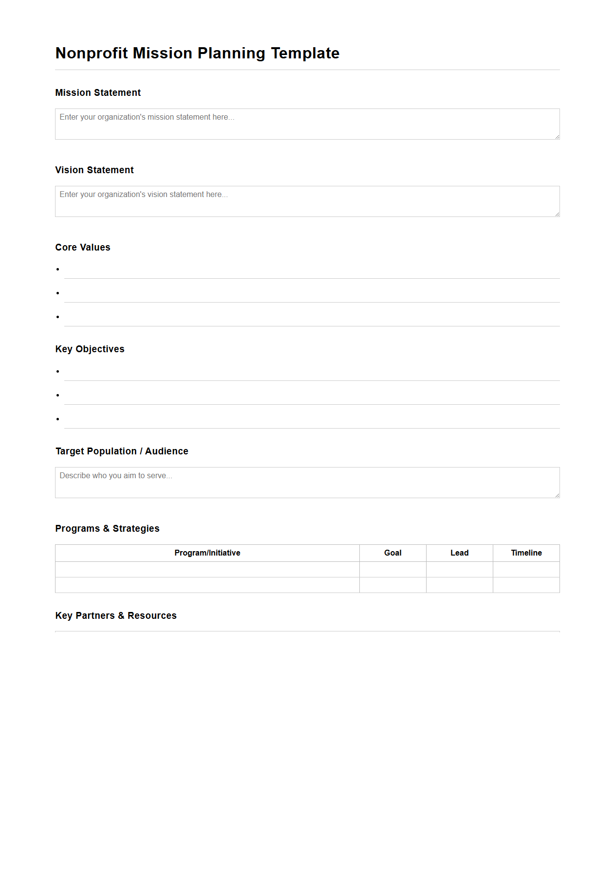 Nonprofit Mission Planning Template