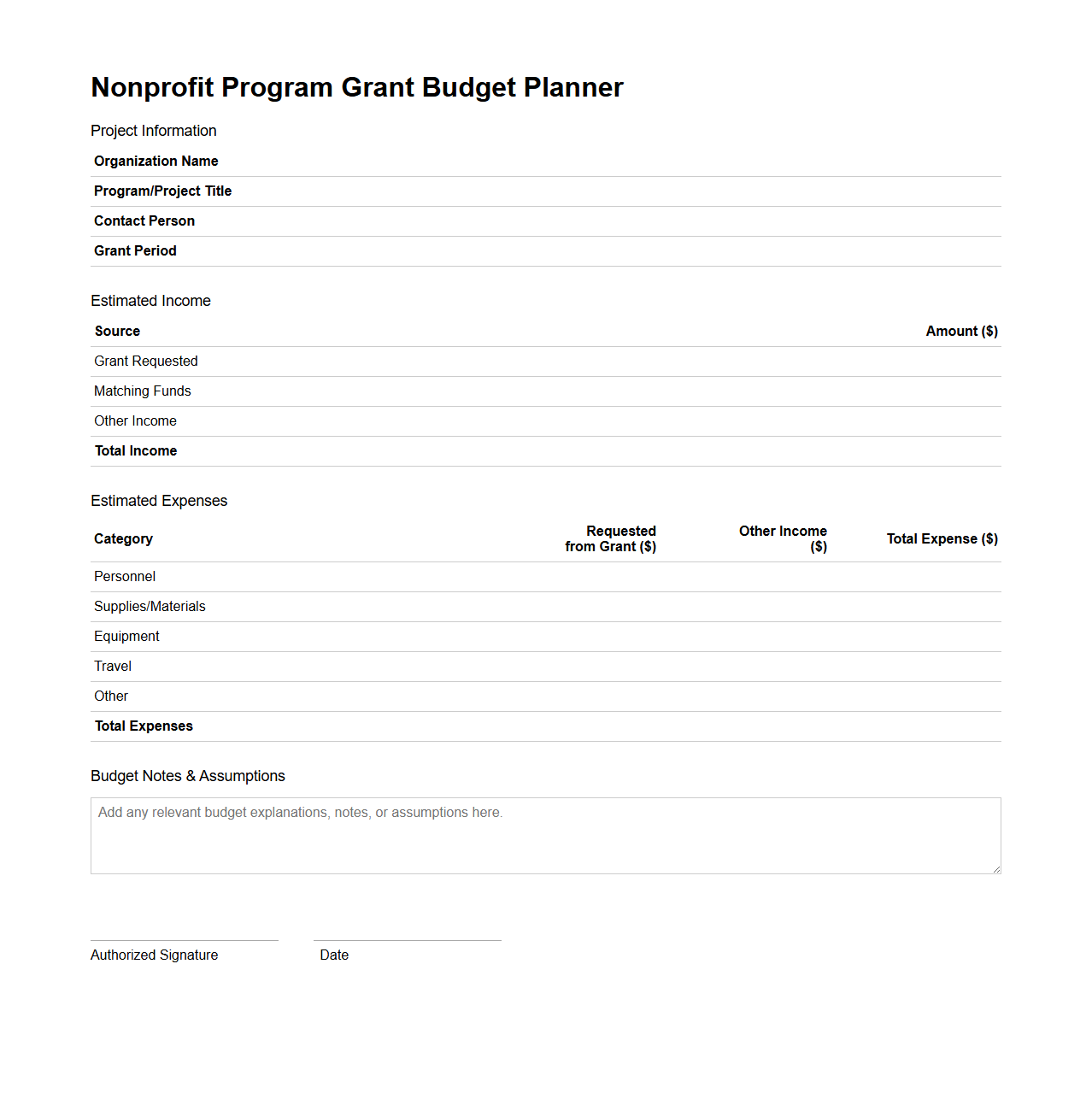 Nonprofit Program Grant Budget Planner