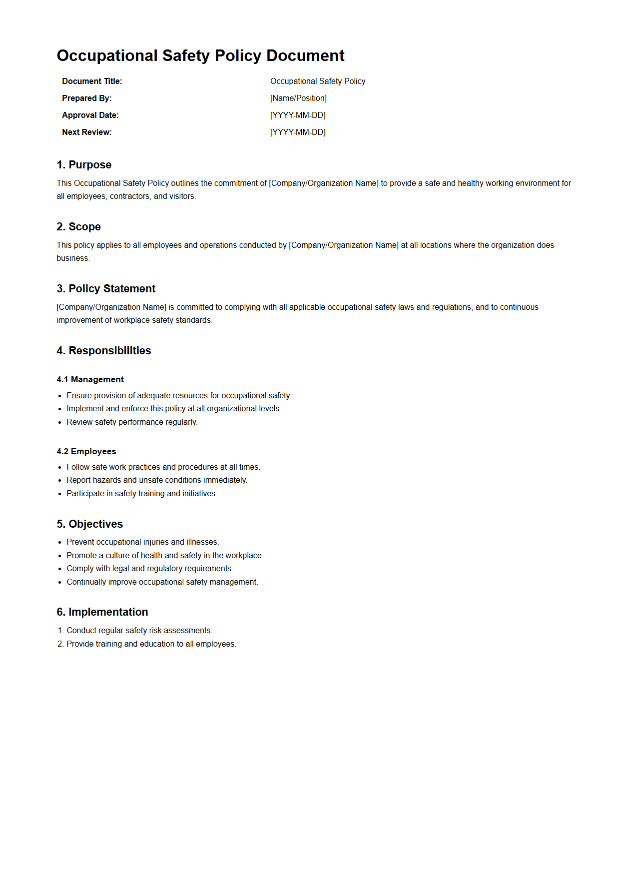 Occupational Safety Policy Document Template