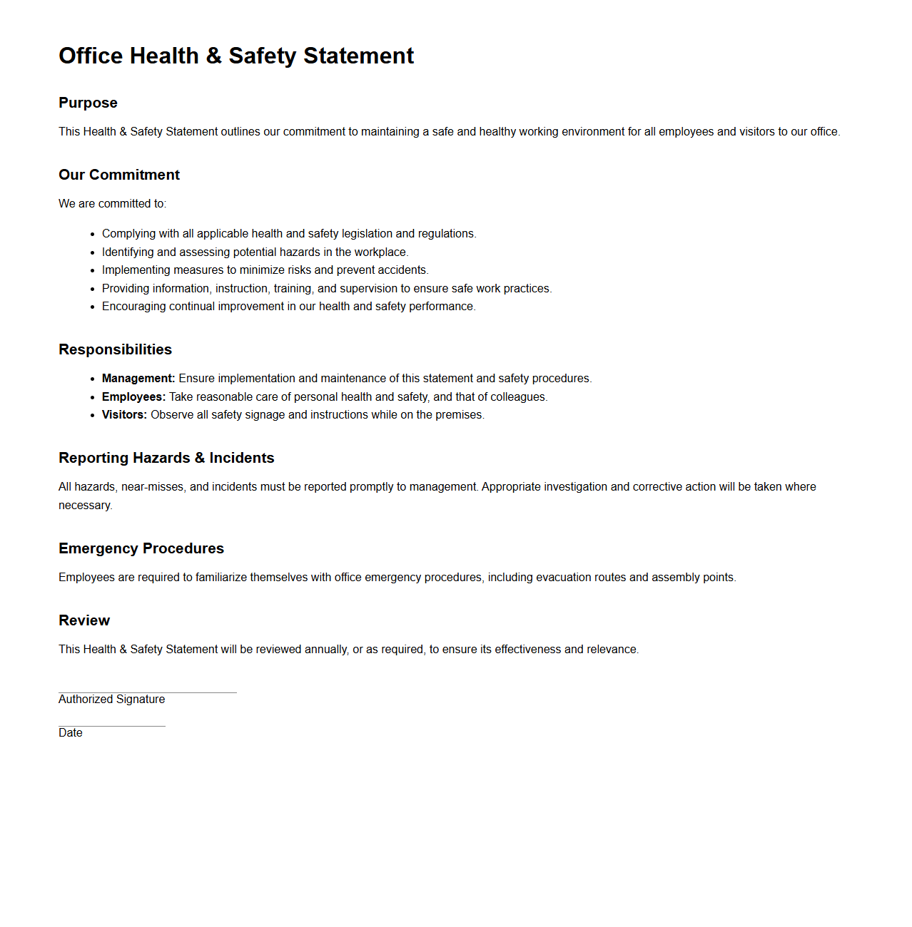 Office Health & Safety Statement Template
