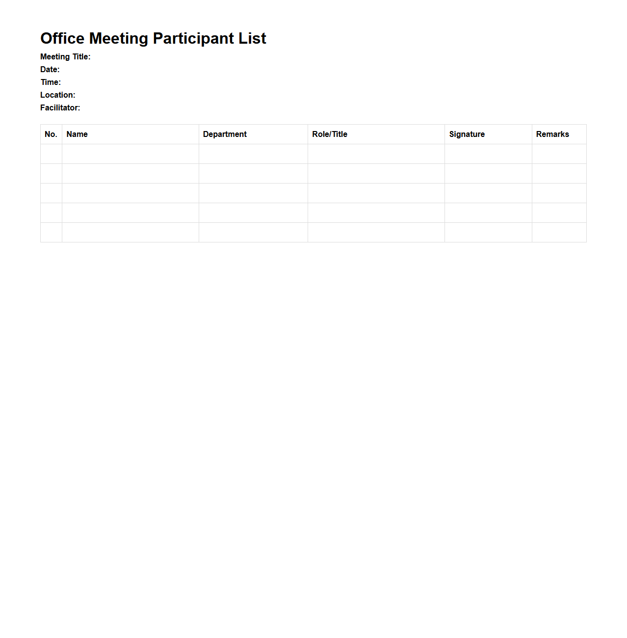 Office Meeting Participant List Template