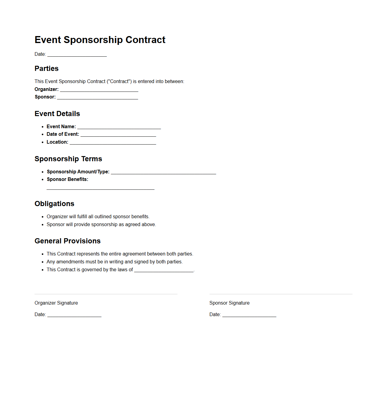 One-Page Event Sponsorship Contract