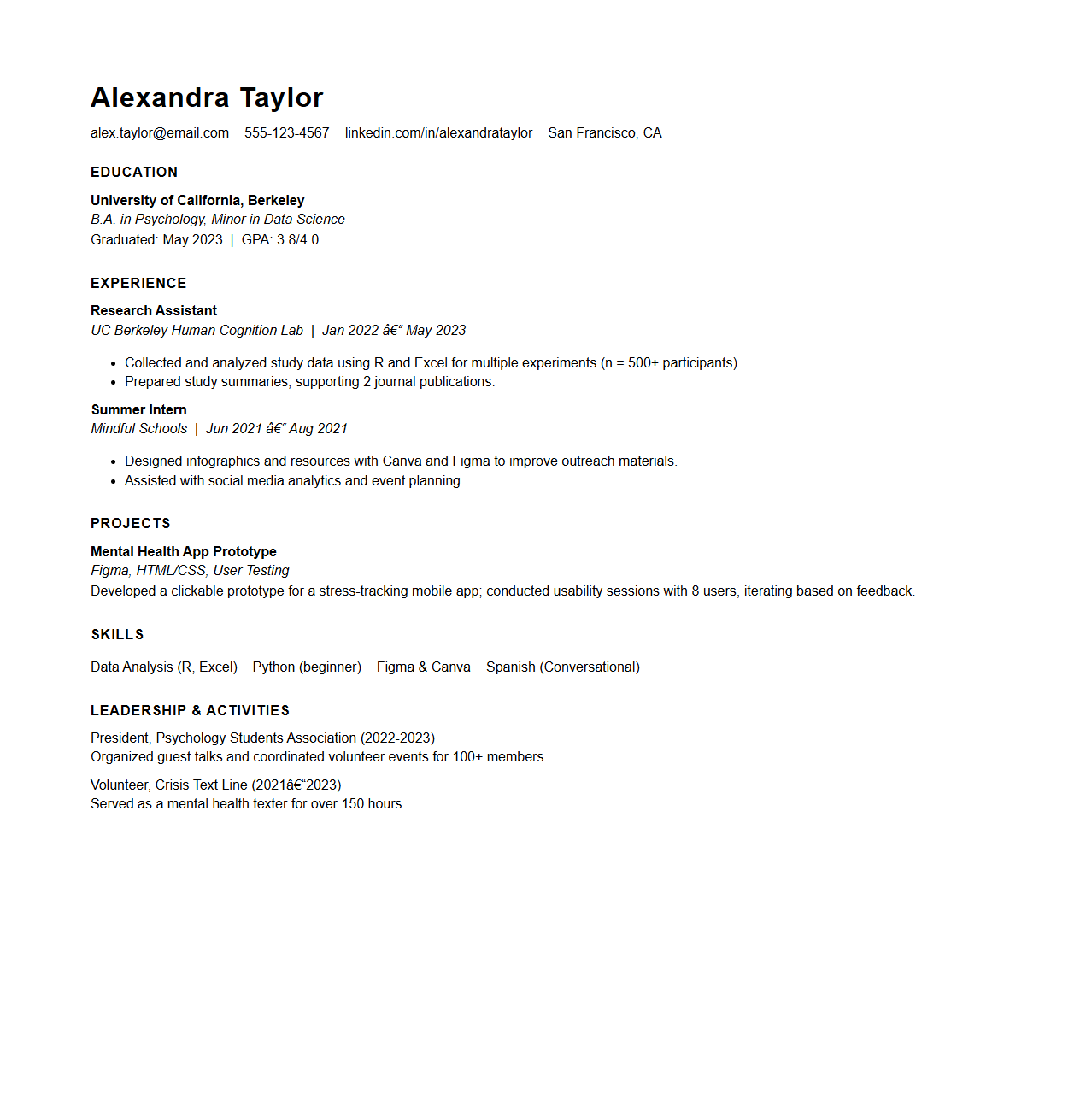 One-Page Resume Layout for Recent Graduates