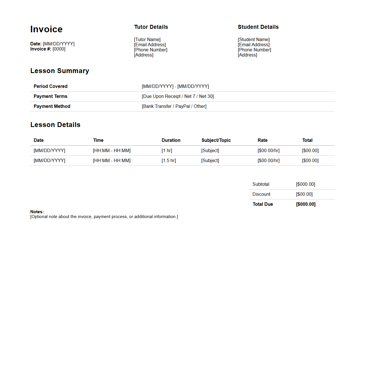Online Tutor Lesson Invoice Outline
