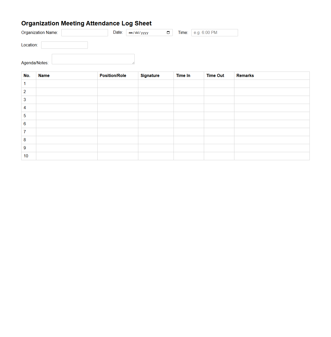 Organization Meeting Attendance Log Sheet