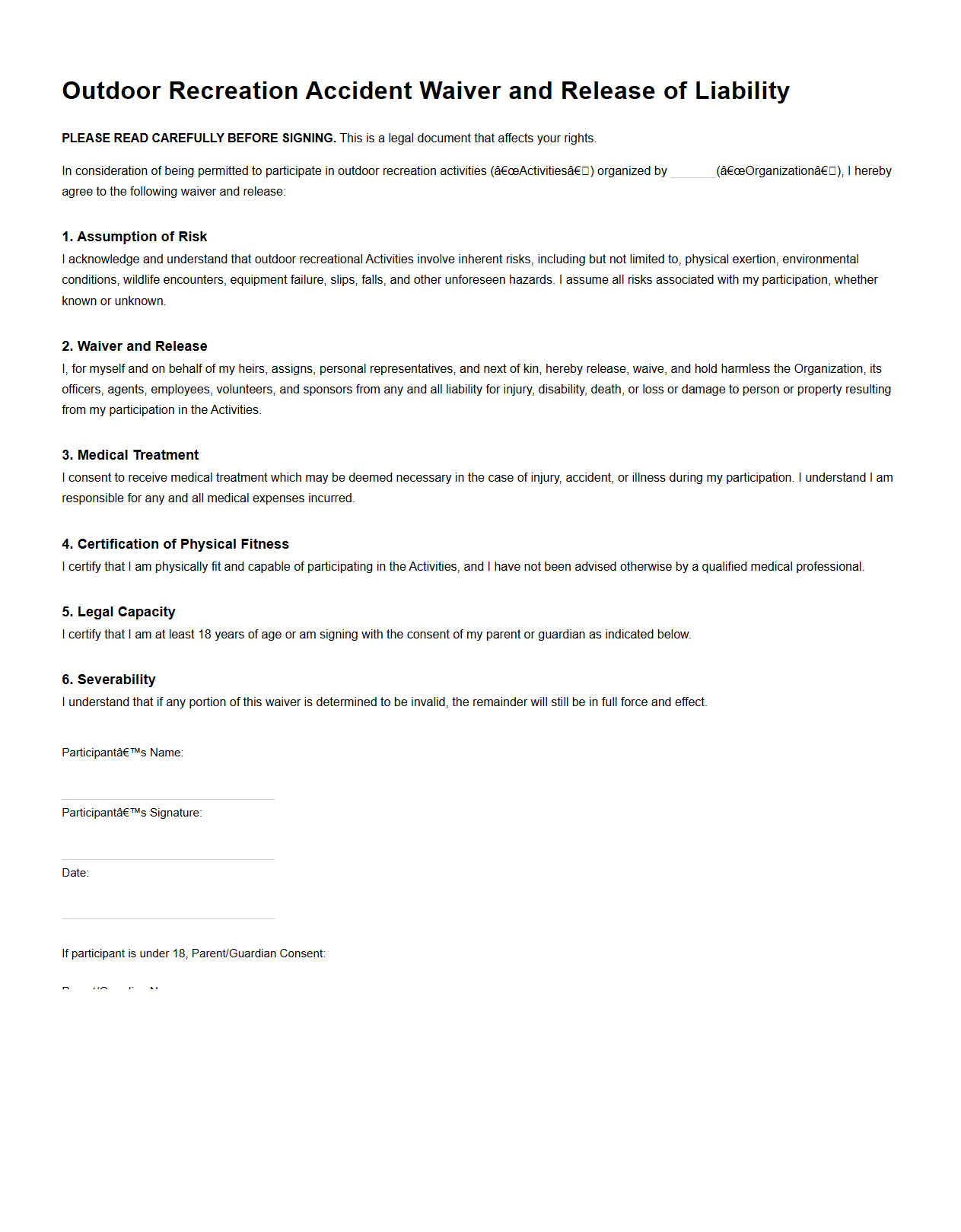 Outdoor Recreation Accident Waiver Agreement
