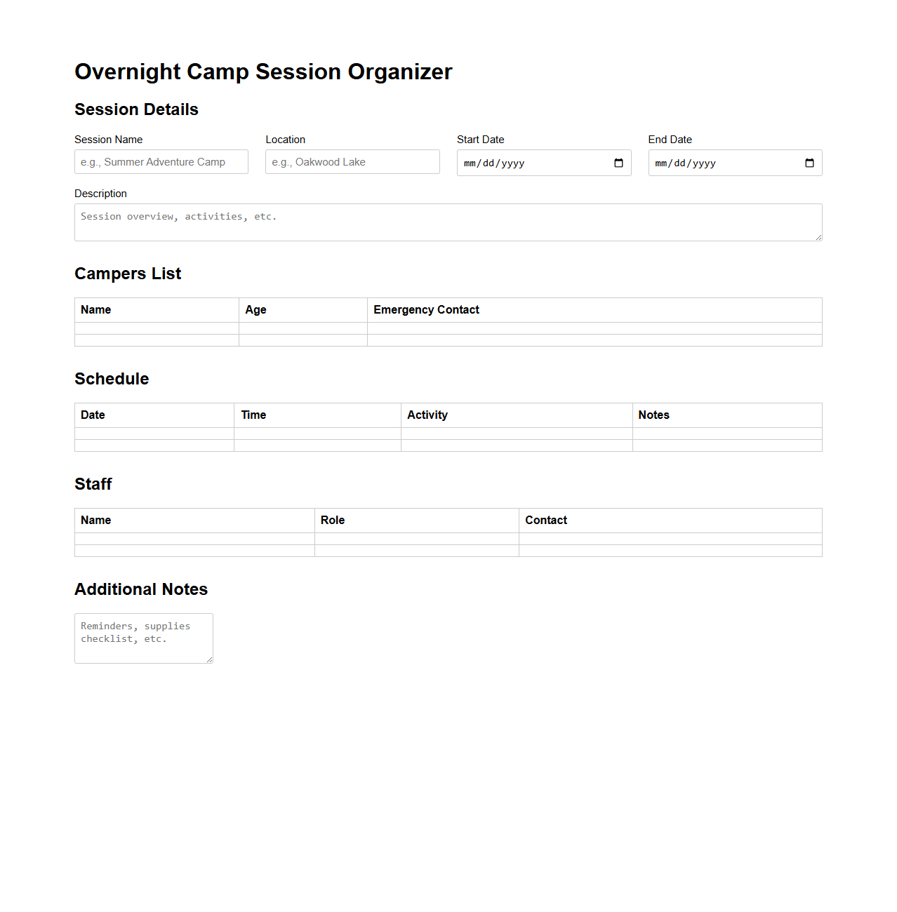 Overnight Camp Session Organizer